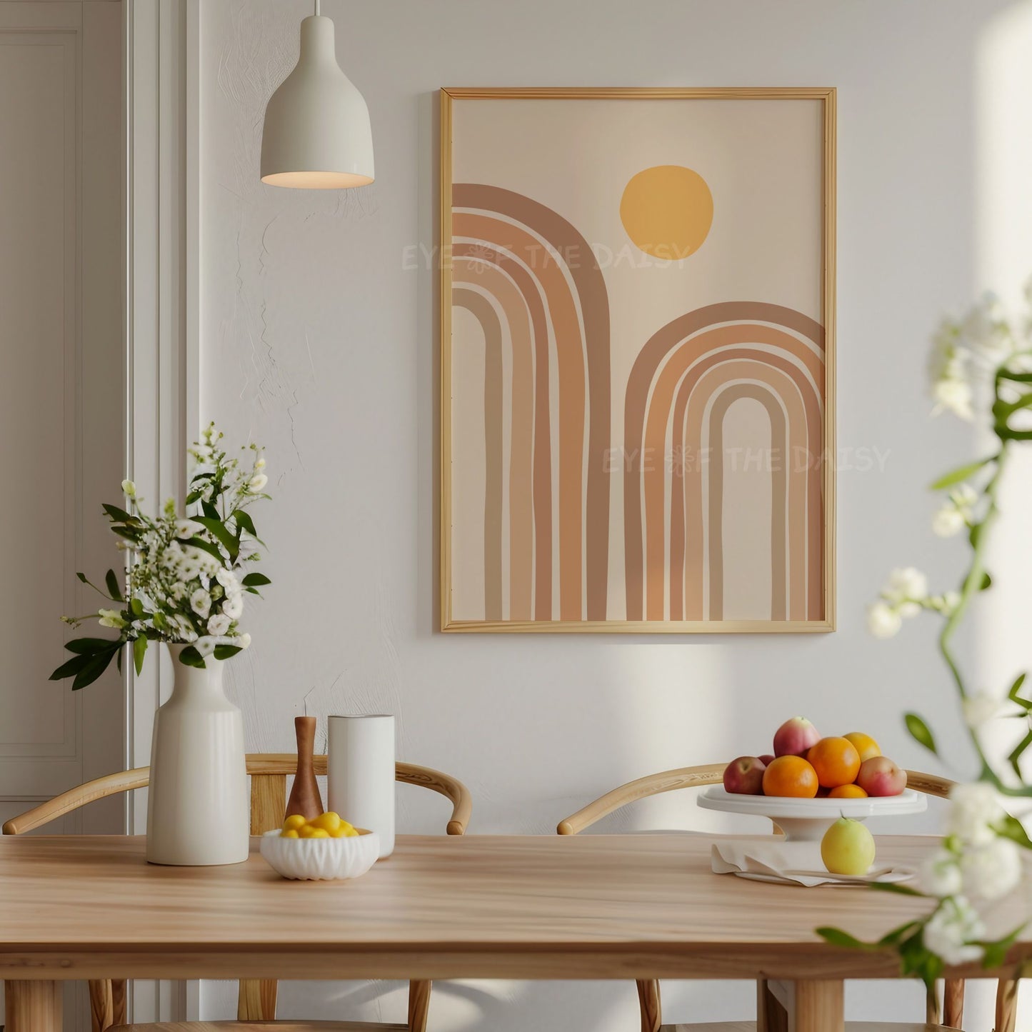 Abstract arches printable wall art in beige, terracotta and mustard yellow, on the wall in a kitchen