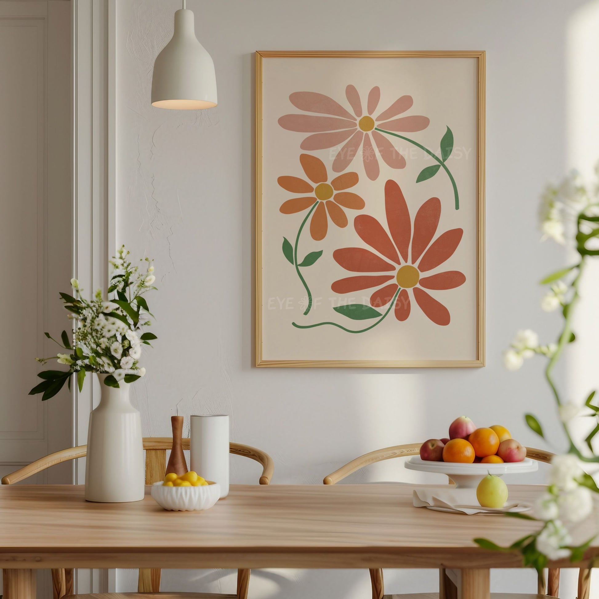 Warm tone abstract daisy downloadable art, boho floral printable poster in a neutral kitchen