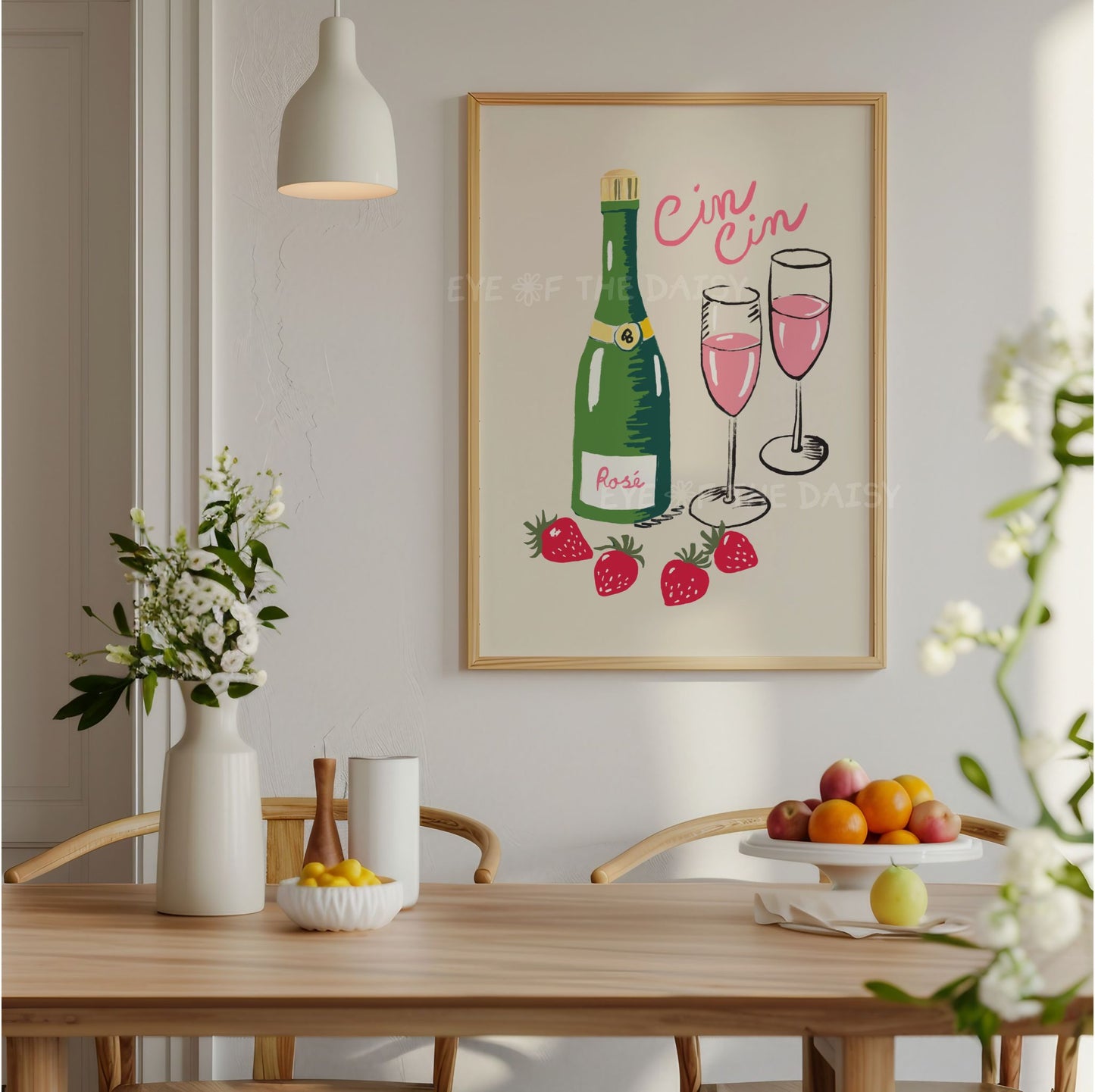 Trendy "Cin Cin" poster - printable wall art with hand drawn champagne bottle and two rose wine glasses and strawberries