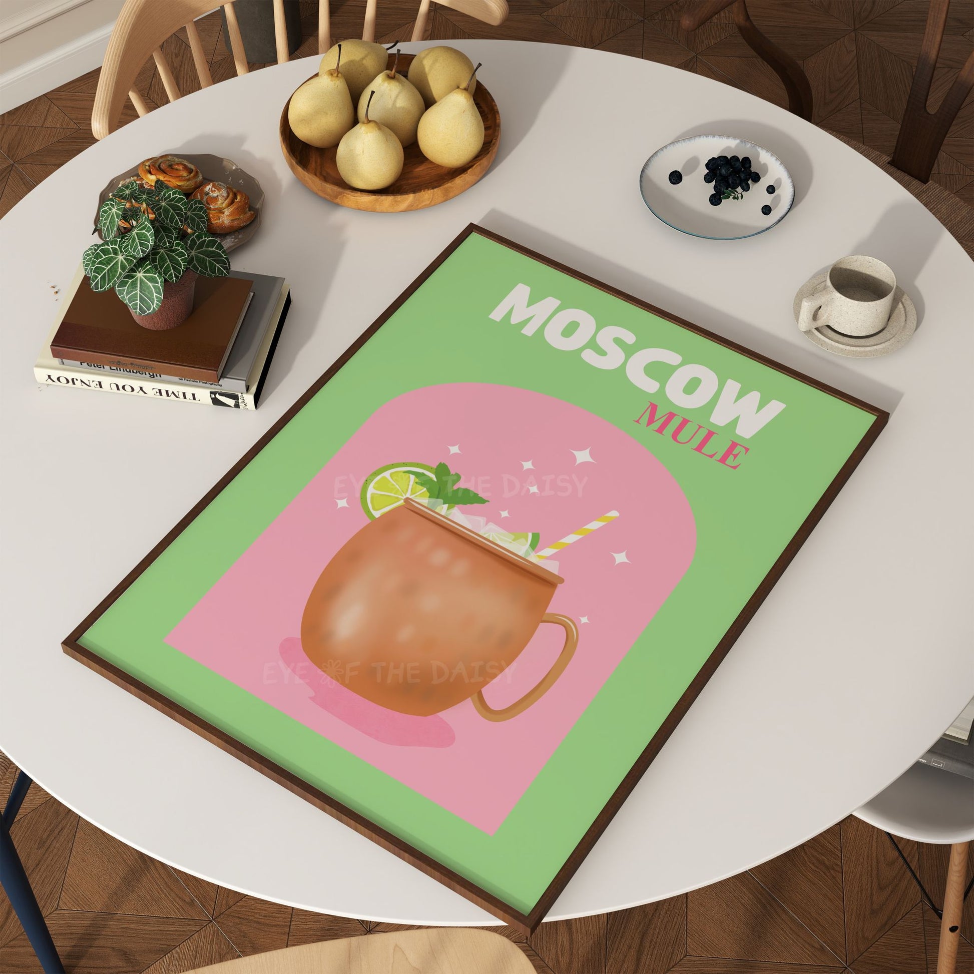 Moscow Mule cocktail poster printable – fun retro drink art print in pink and green, perfect for dining room wall decor