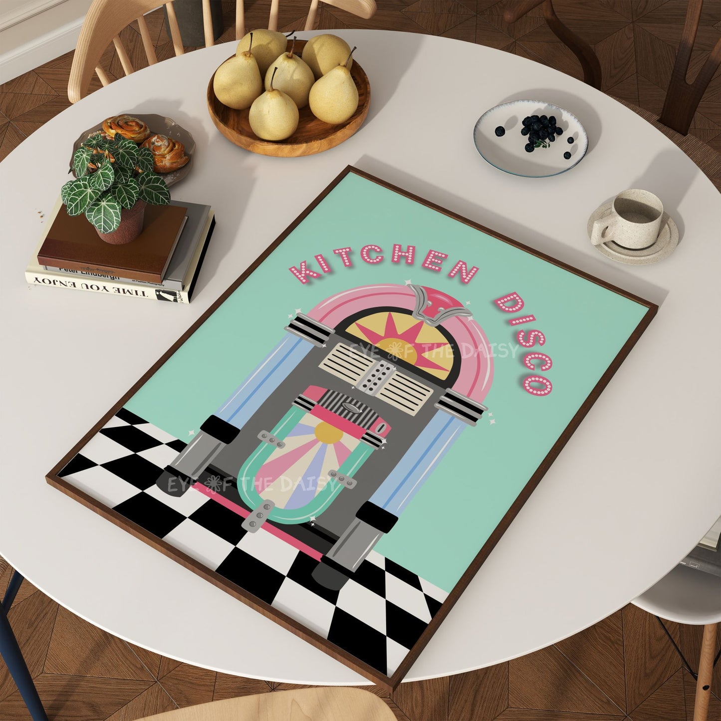 Kitchen Disco printable wall art, pastel retro kitchen decor print with jukebox design, digital art download for modern kitchen poster