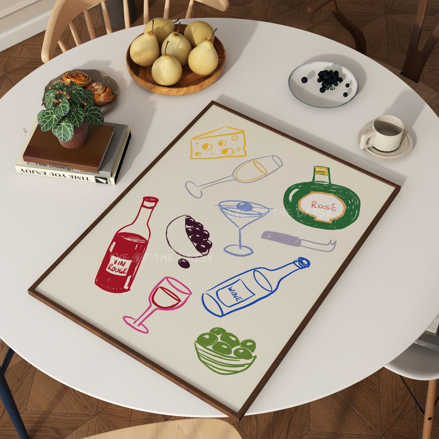 Printable bar cart poster – colourful hand-drawn sketch of cocktails and wine and cheese, modern art print download