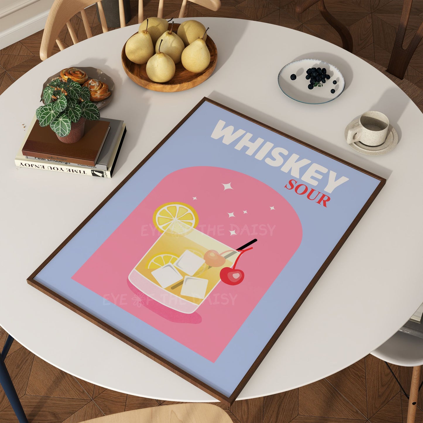 Colorful Whiskey Sour drink print, retro-inspired digital wall art for quirky dining area or minimalist bar-themed room