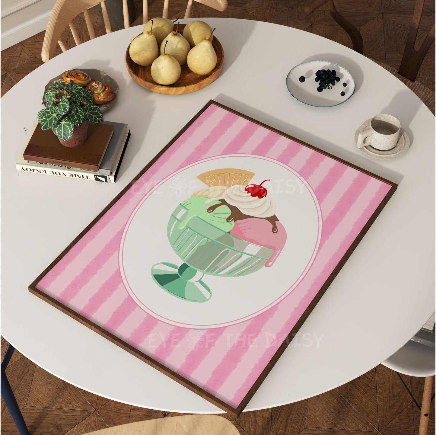 A vintage Italian gelato print with hand drawn ice cream sundae illustration in pastel colors with coquette style pink striped border
