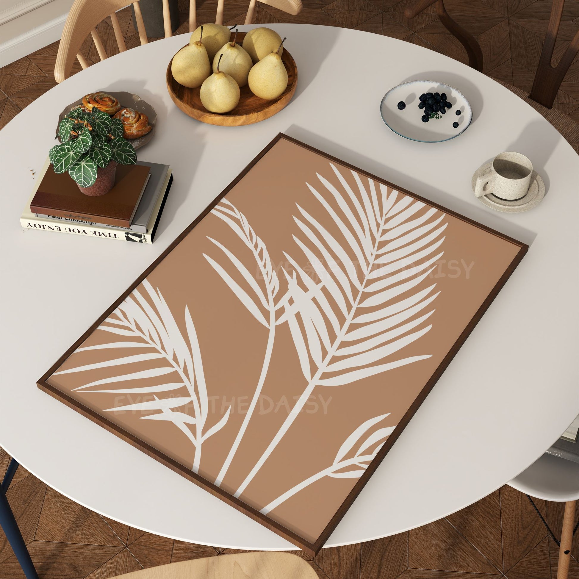 Brown tan digital art print with white tropical leaf pattern, great abstract botanical wall decor for a boho living room