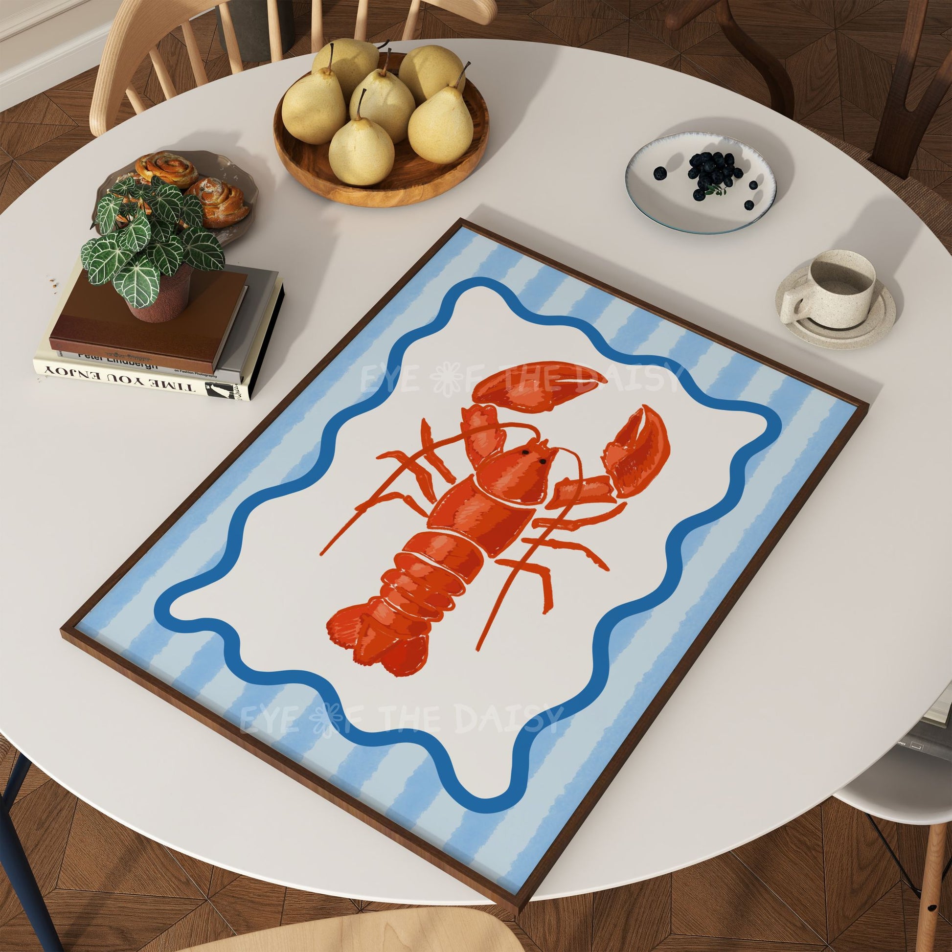 Fun hand drawn lobster dinner party print, perfect for a fun dining space or as beach rental wall decor