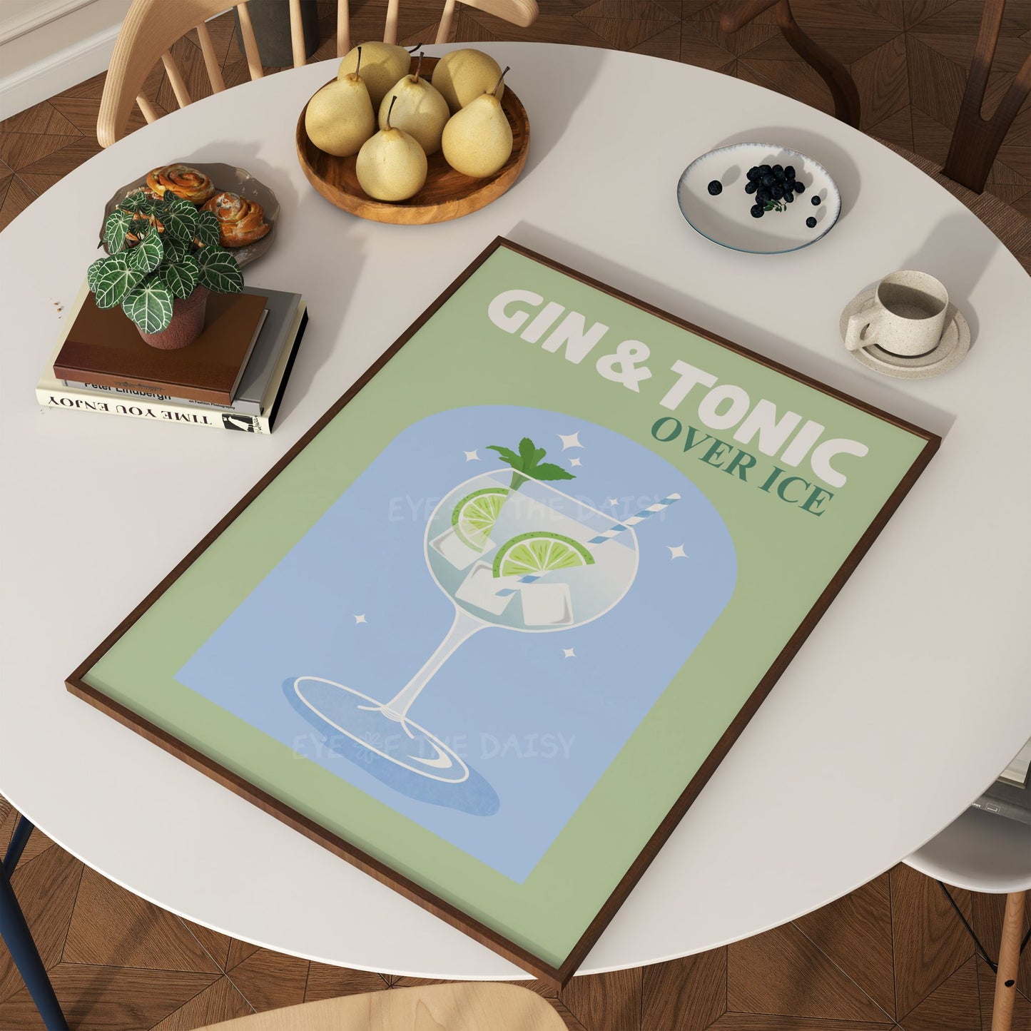 Gin & Tonic wall decor in pastel colors – trendy sage green and blue cocktail illustration perfect for trendy dining rooms