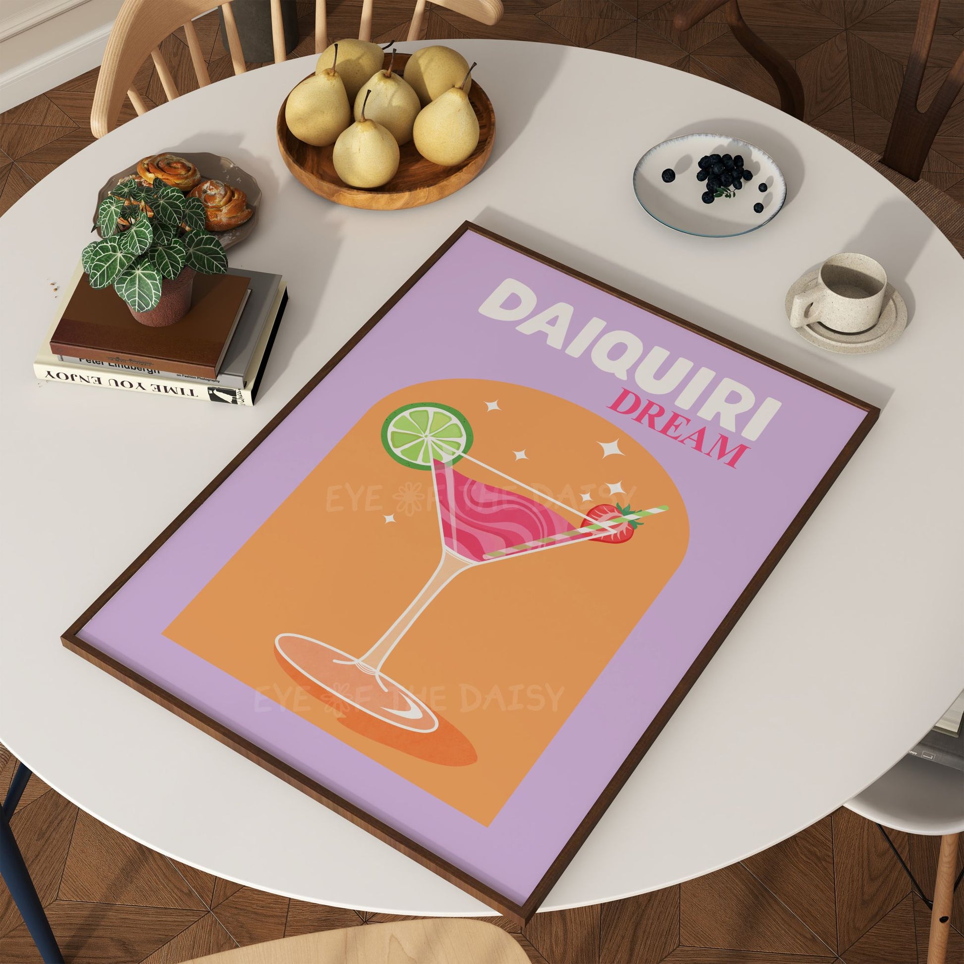 Cute trendy "Daiquiri" wall art print in vibrant orange, pink and purple