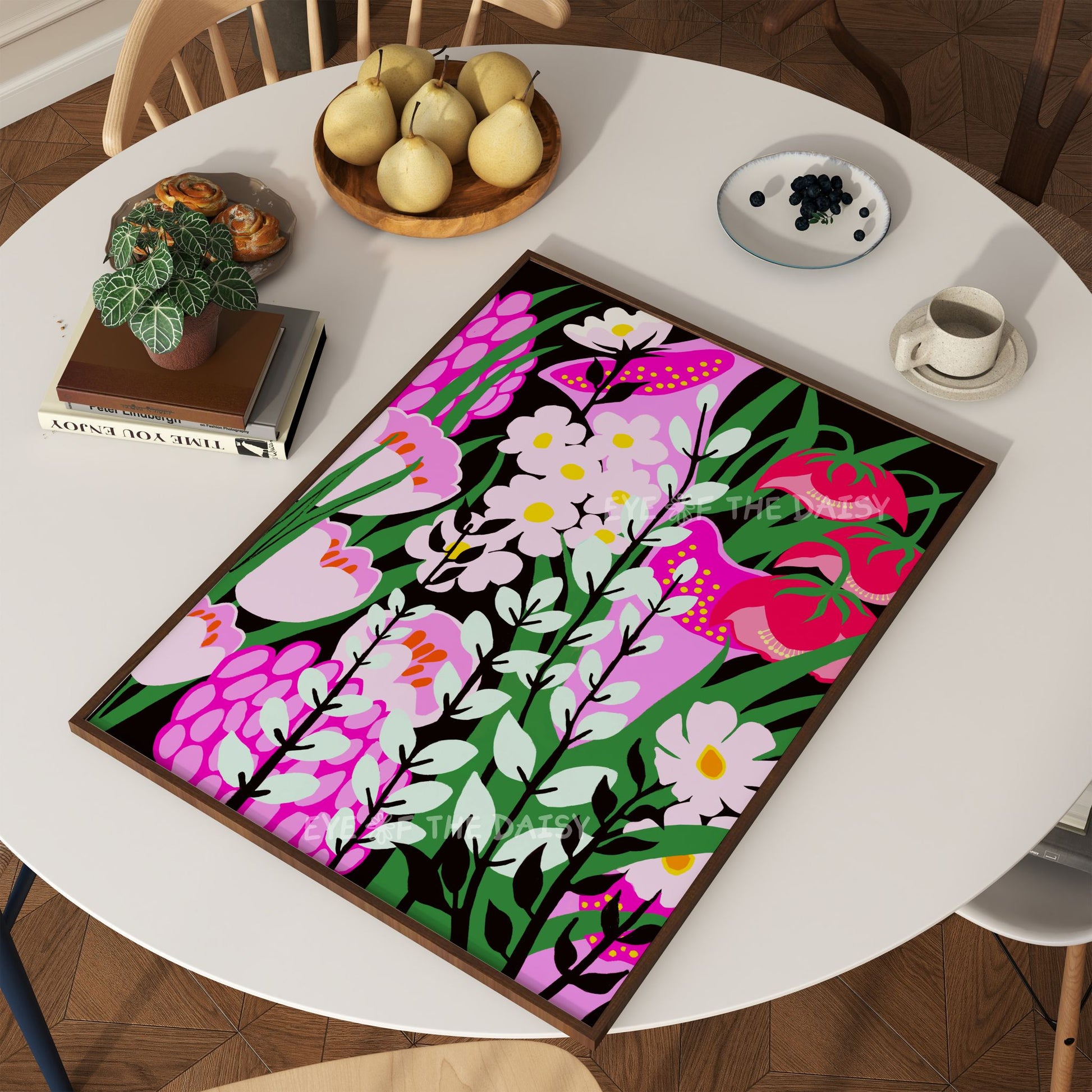 Printable abstract flower artwork – bright botanical wall poster in pink and teal, perfect for eclectic interiors