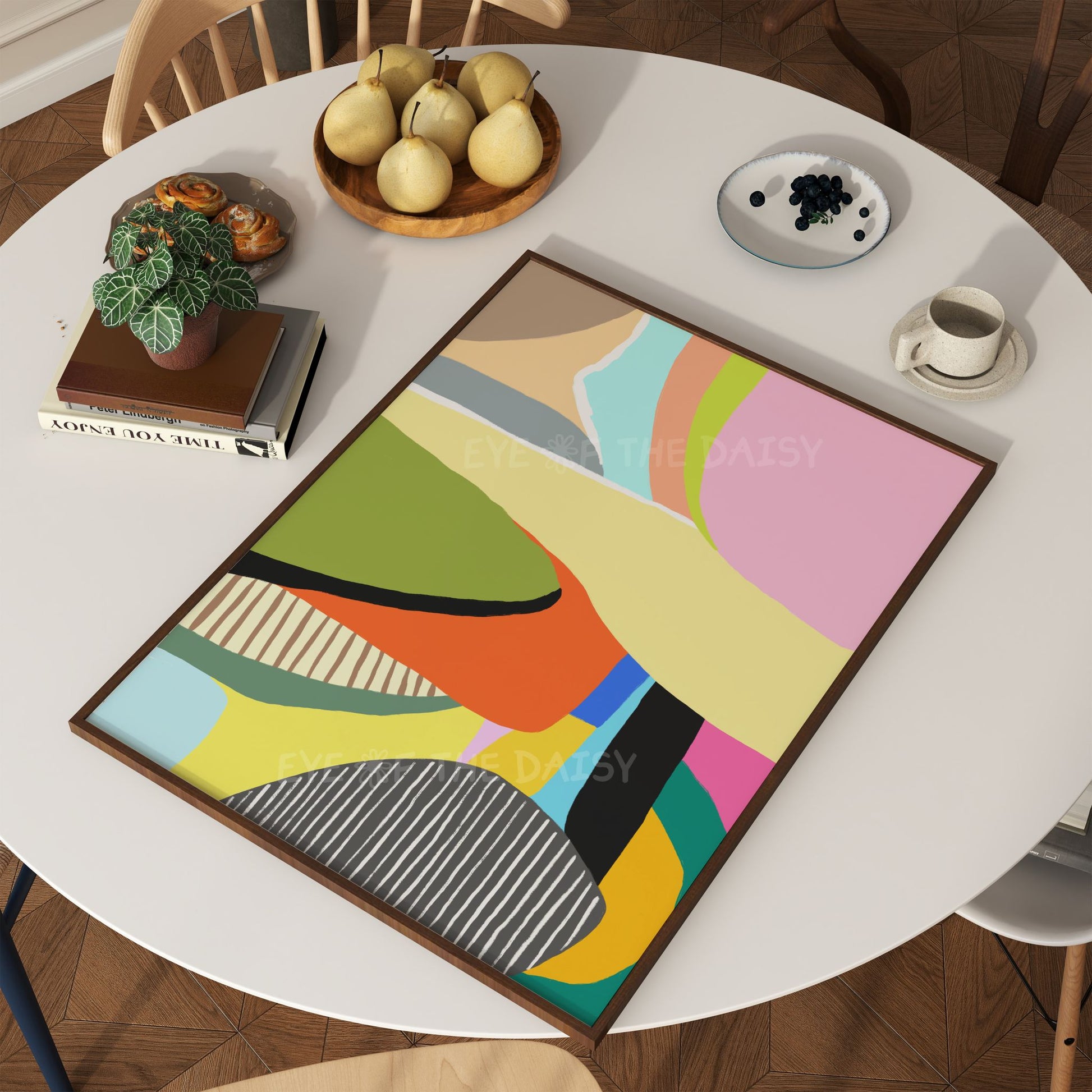 Colourful abstract wall art – digital print with modern stripes and patches, poster printable for dining room decor