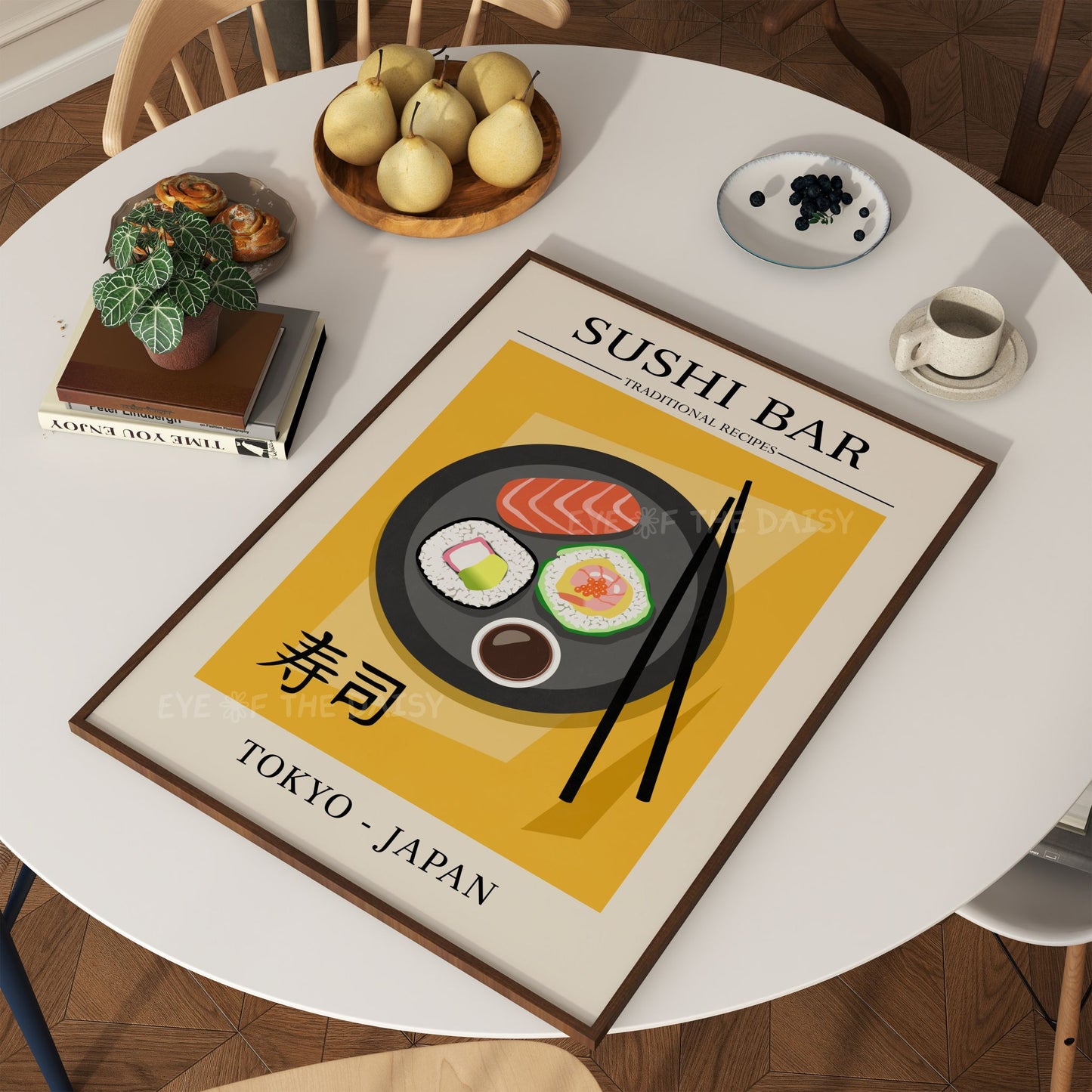 Printable sushi drink and food wall art in colorful hand-drawn style, fun addition to bar cart or DIY bar decor area