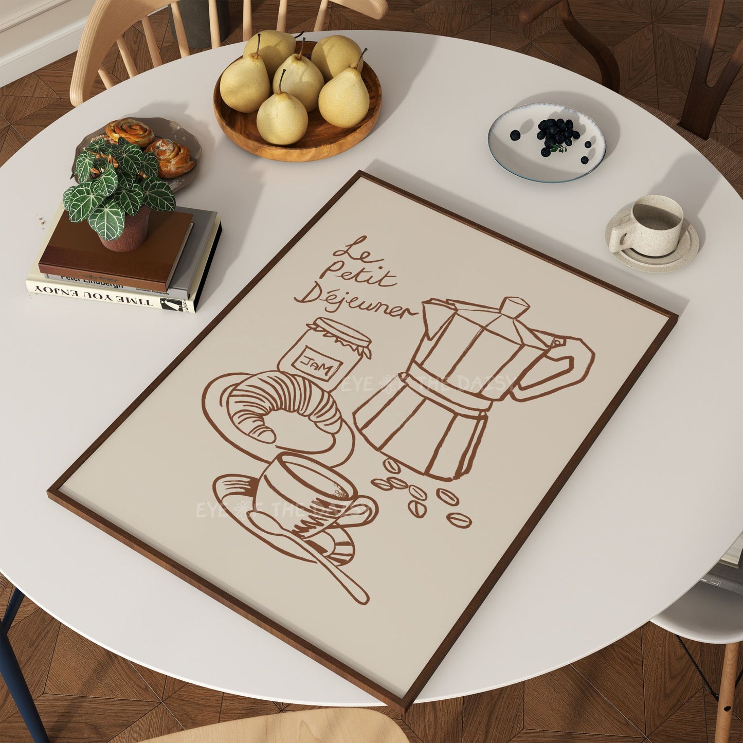 Retro French breakfast poster of hand drawn line drawing sketch of coffee & a croissant, great for a cozy breakfast nook