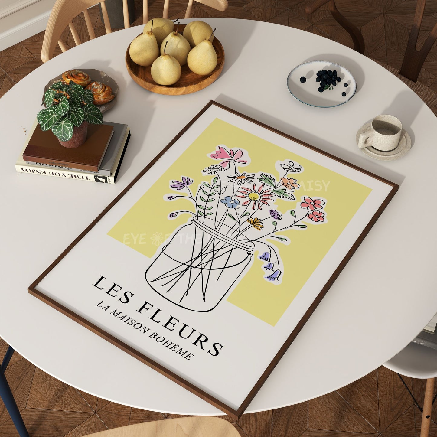 Pastel wildflower jar wall art – hand-drawn cottagecore print on yellow, printable decor for bright French-inspired summer rental spaces