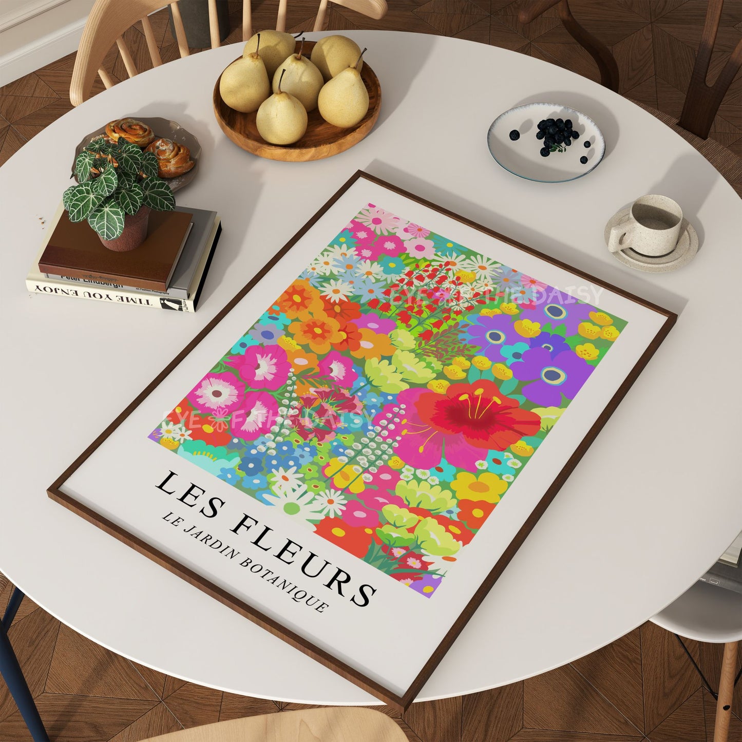 Bright colorful floral poster titled 'Les Fleurs' with a vibrant garden illustration, great for cottagecore wall decor