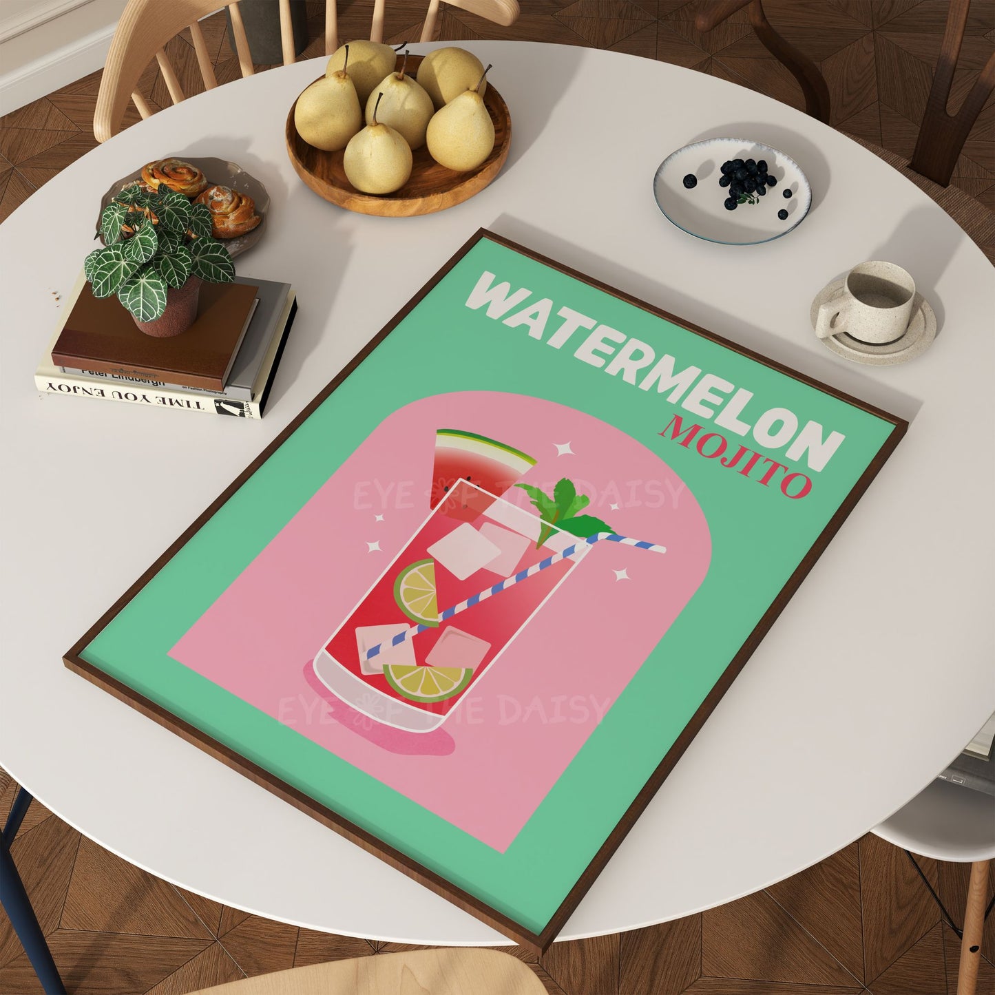 Watermelon Mojito printable cocktail print, vibrant funky drink poster download for alcohol wall art in dorm, kitchen or home bar