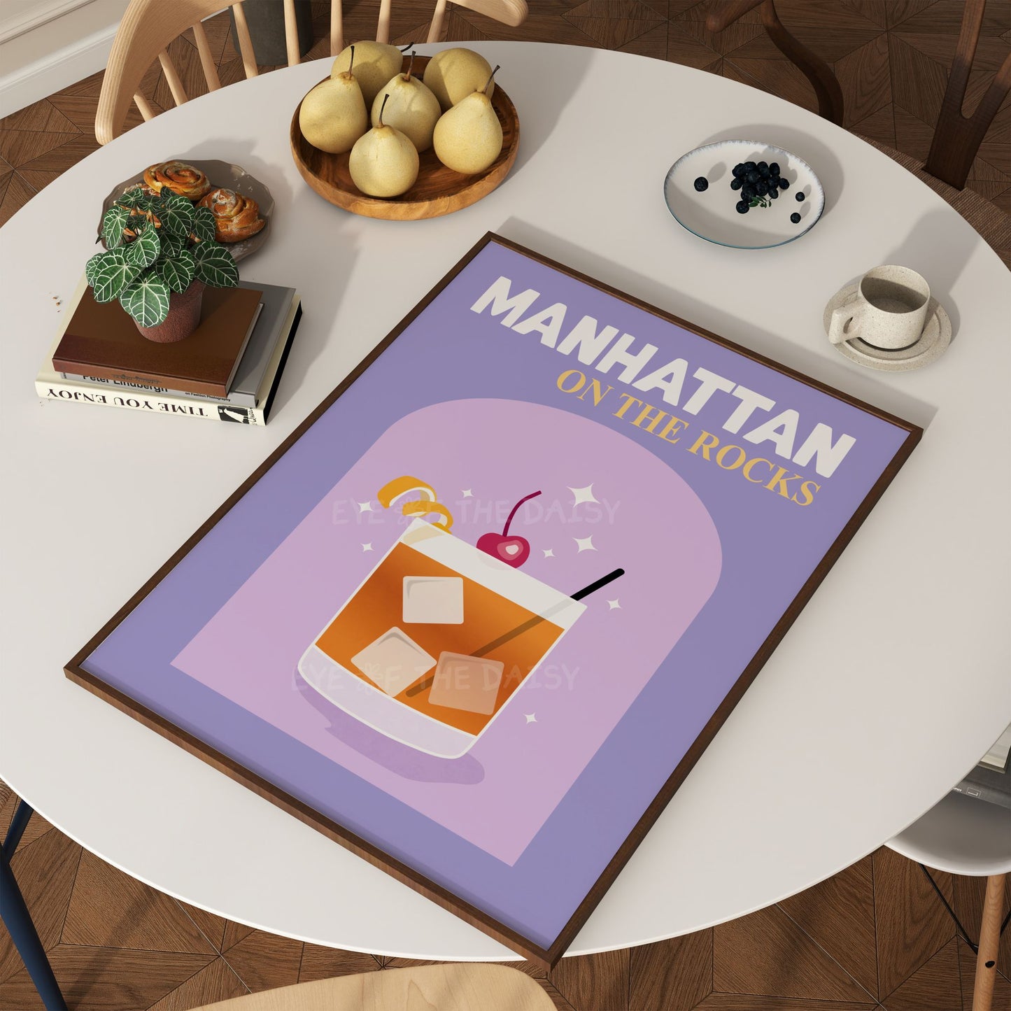 Manhattan cocktail printable poster – trendy retro art print in purple, ideal downloadable art for dining room wall decor