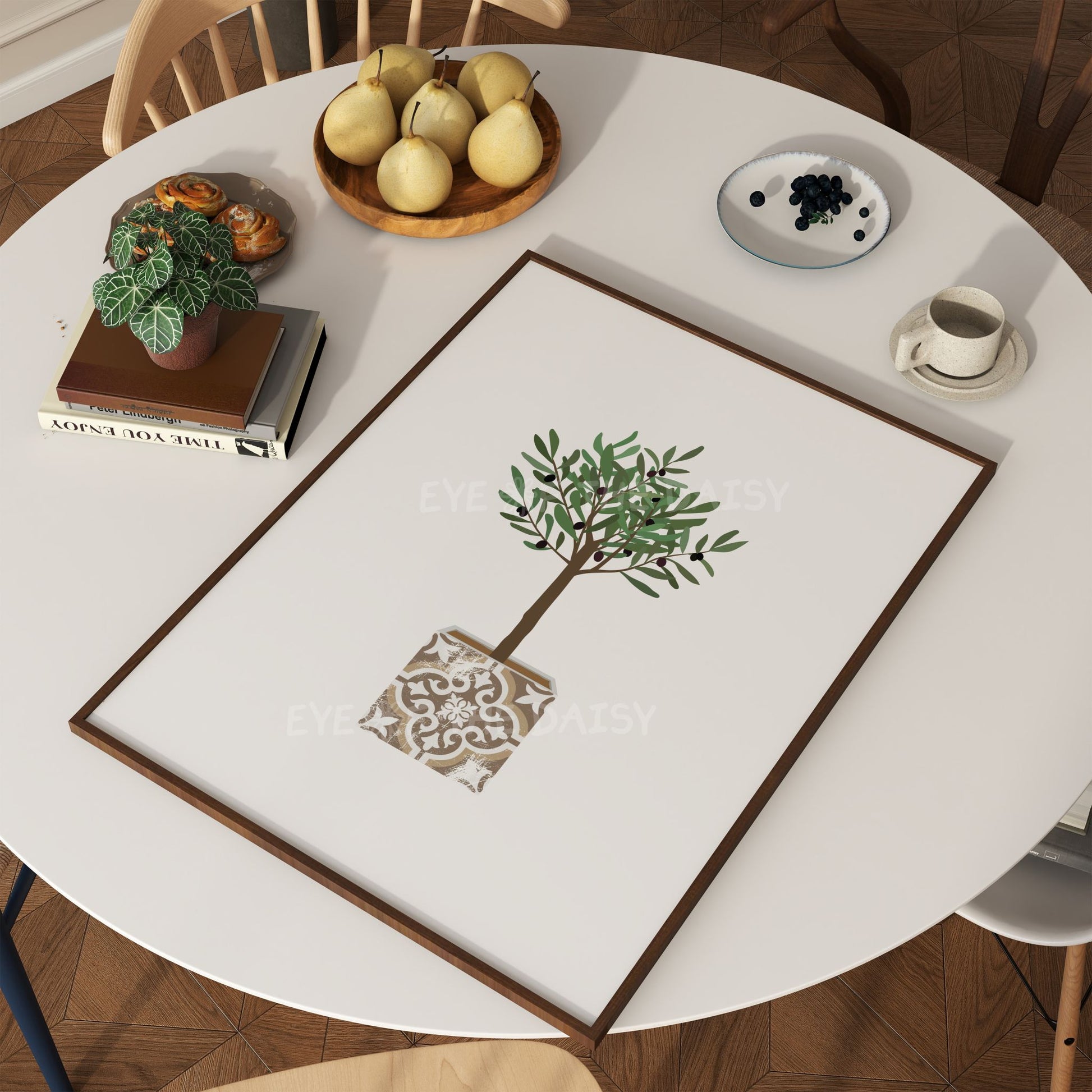 Neutral olive tree printable poster in boho pot – minimalist botanical downloadable art, great for Mediterranean-inspired home office wall decor