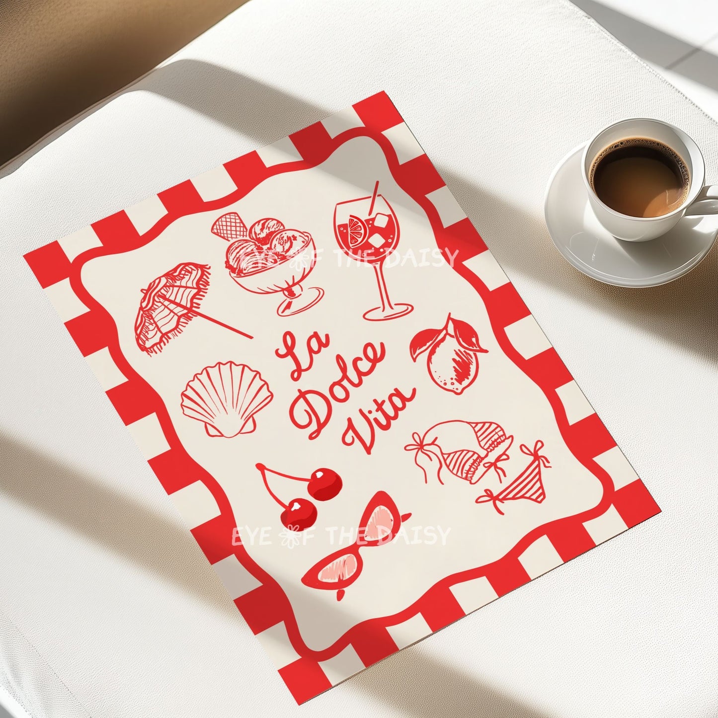 Italian summer printable poster – La Dolce Vita print with food, drinks, and beach icons, perfect trendy apartment decor