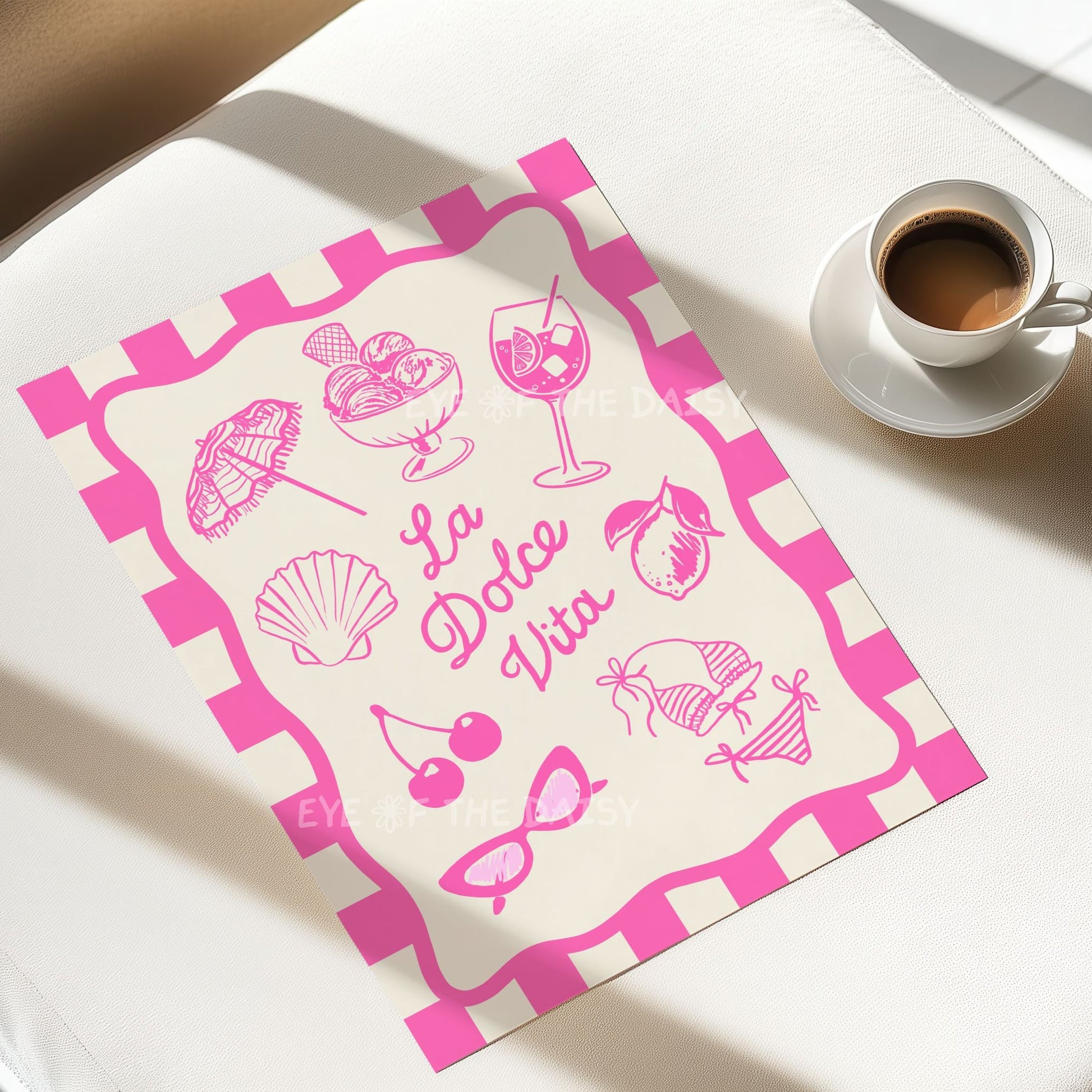 Italian summer printable poster – La Dolce Vita art print in pink, featuring spritz, cherries and lemon, perfect dining room decor