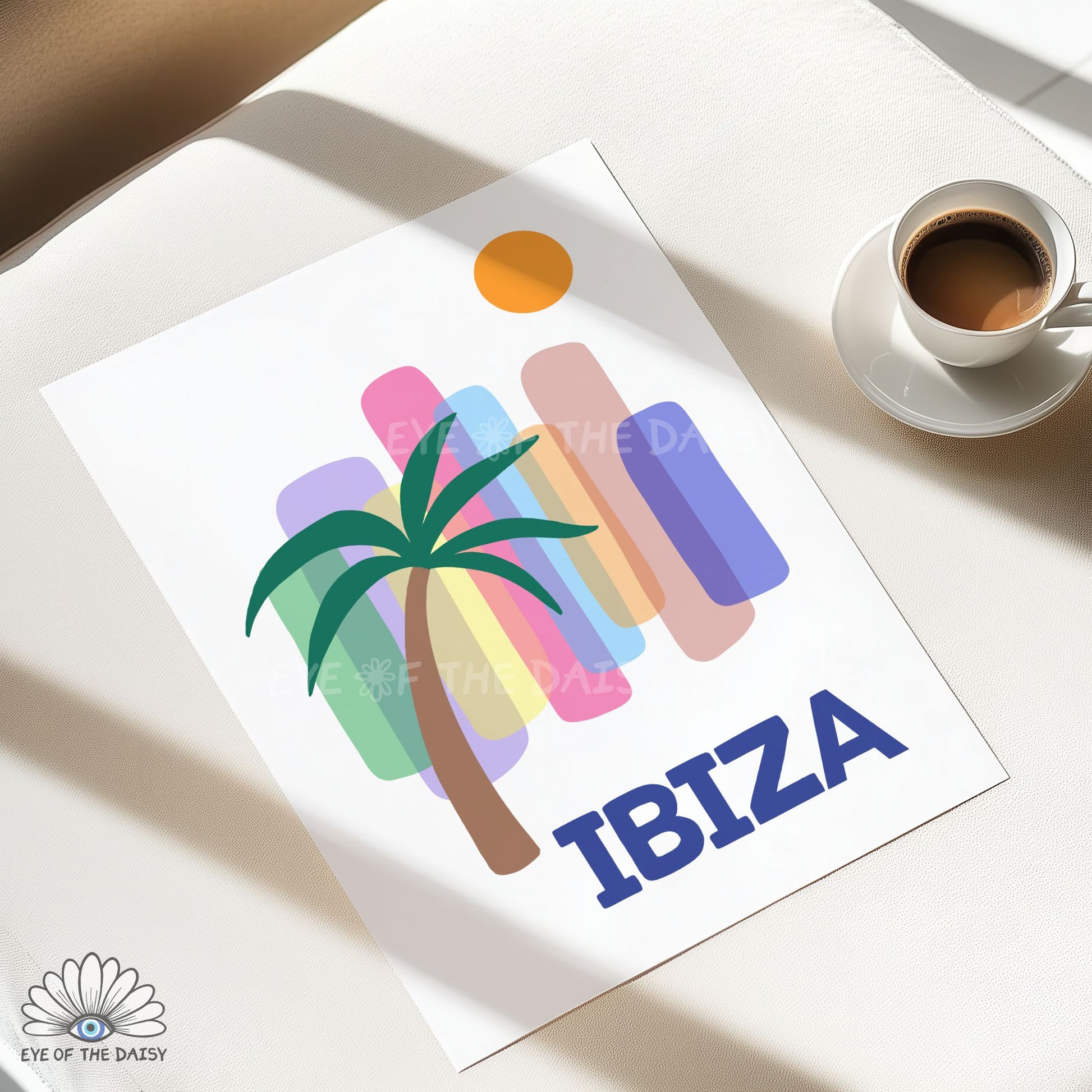 Ibiza travel print, sun palm tree colourful printable wall art for summer vibes or modern apartment decor