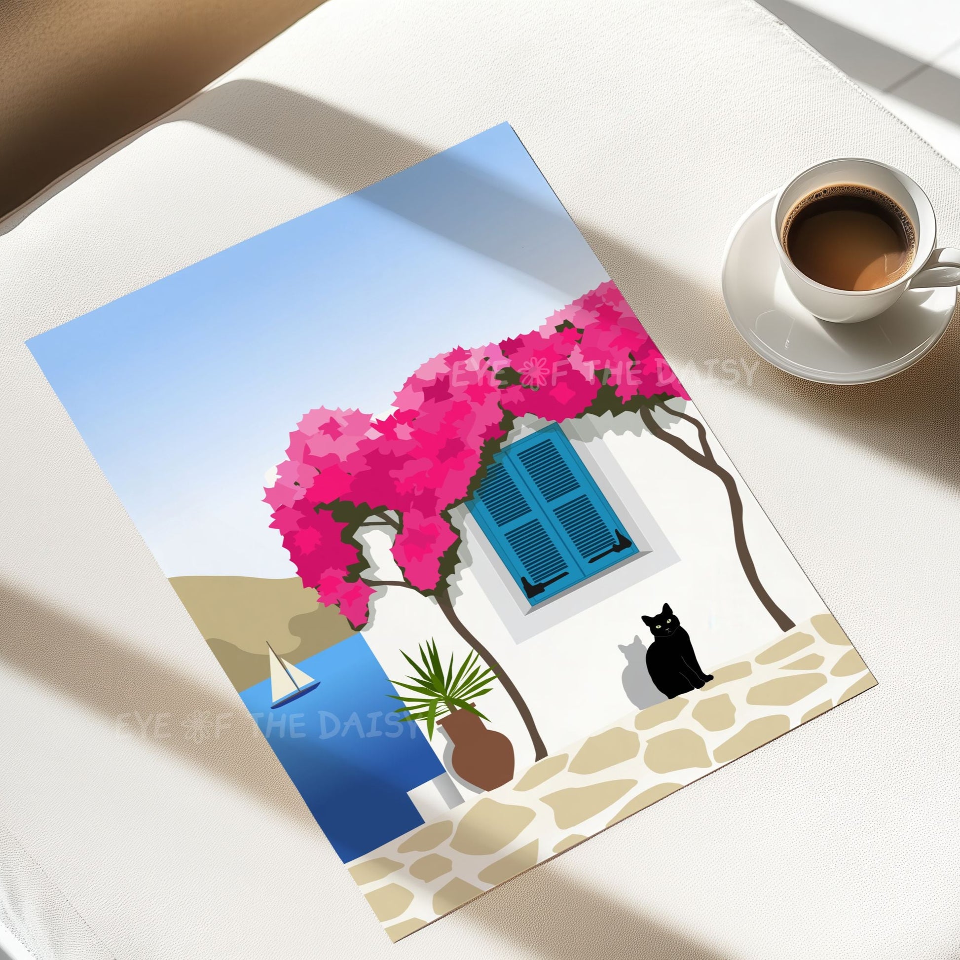 Scandinavian Greece illustration print — minimalist Paros travel poster with cat and bougainvillea, ideal modern dining decor