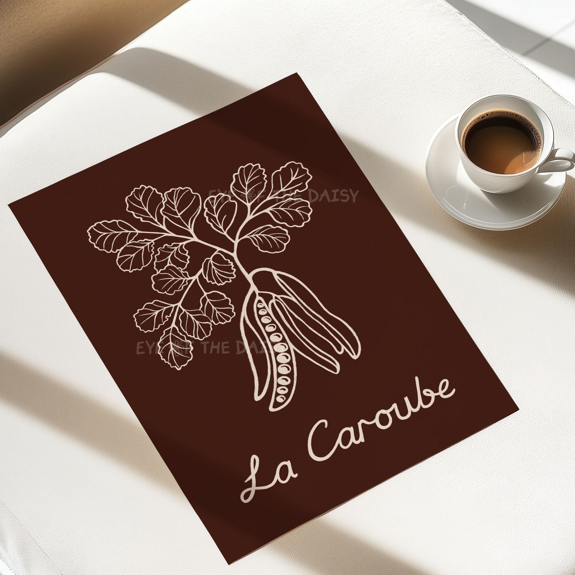 Carob plant line art digital print, chocolate brown tones for coffee nook or café décor
