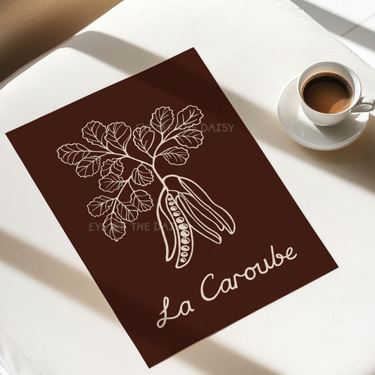 Carob plant line art digital print, chocolate brown tones for coffee nook or café décor