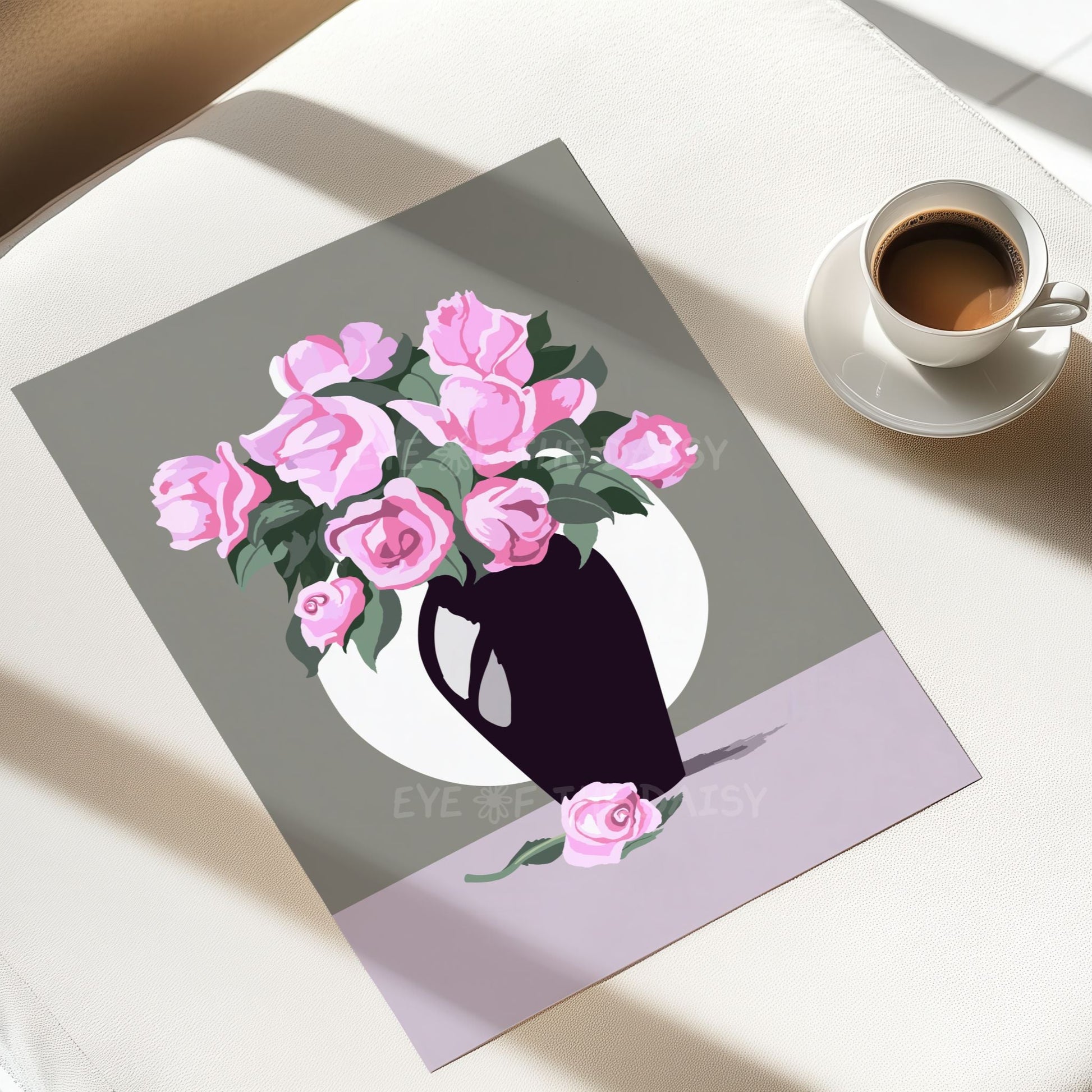 Vase of pink roses print digital download — ideal for vacation rental decor, feminine interiors, or seasonal refreshes