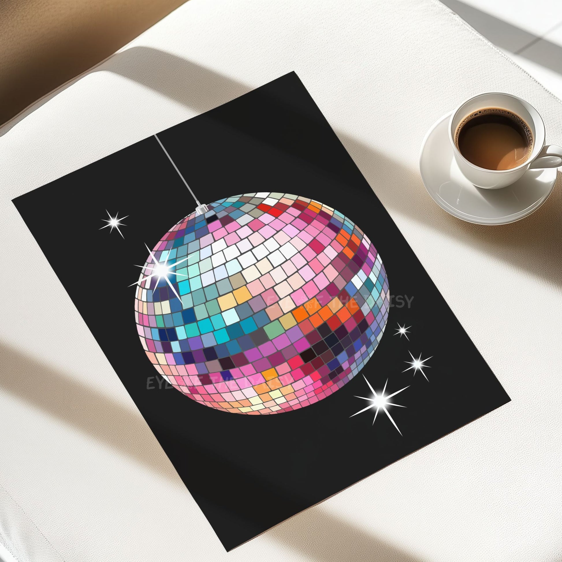 Trendy colorful disco ball on a black background art print poster, great as a kitchen disco print or dopamine decor