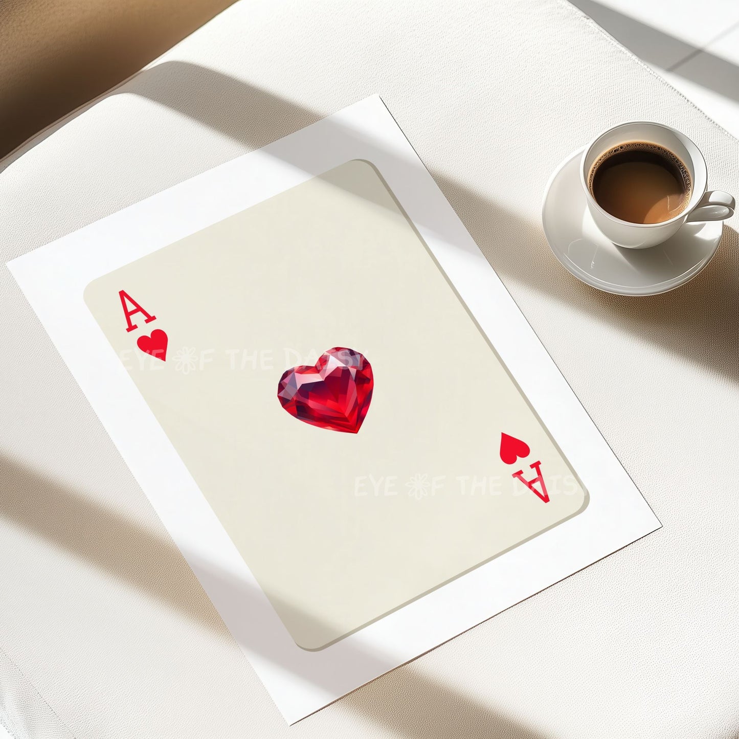 Cute modern printable wall art — red and beige Ace of Hearts print with jewel heart, digital download perfect for fun vacation rental decor