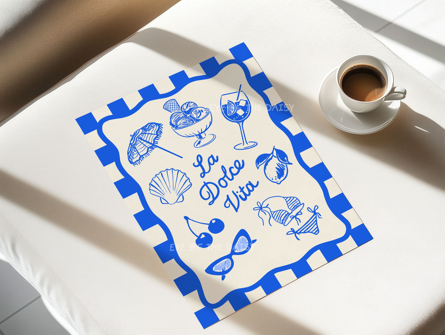 Blue La Dolce Vita art print – hand-drawn Italian summer illustration, digital download poster for kitchen or apartment decor