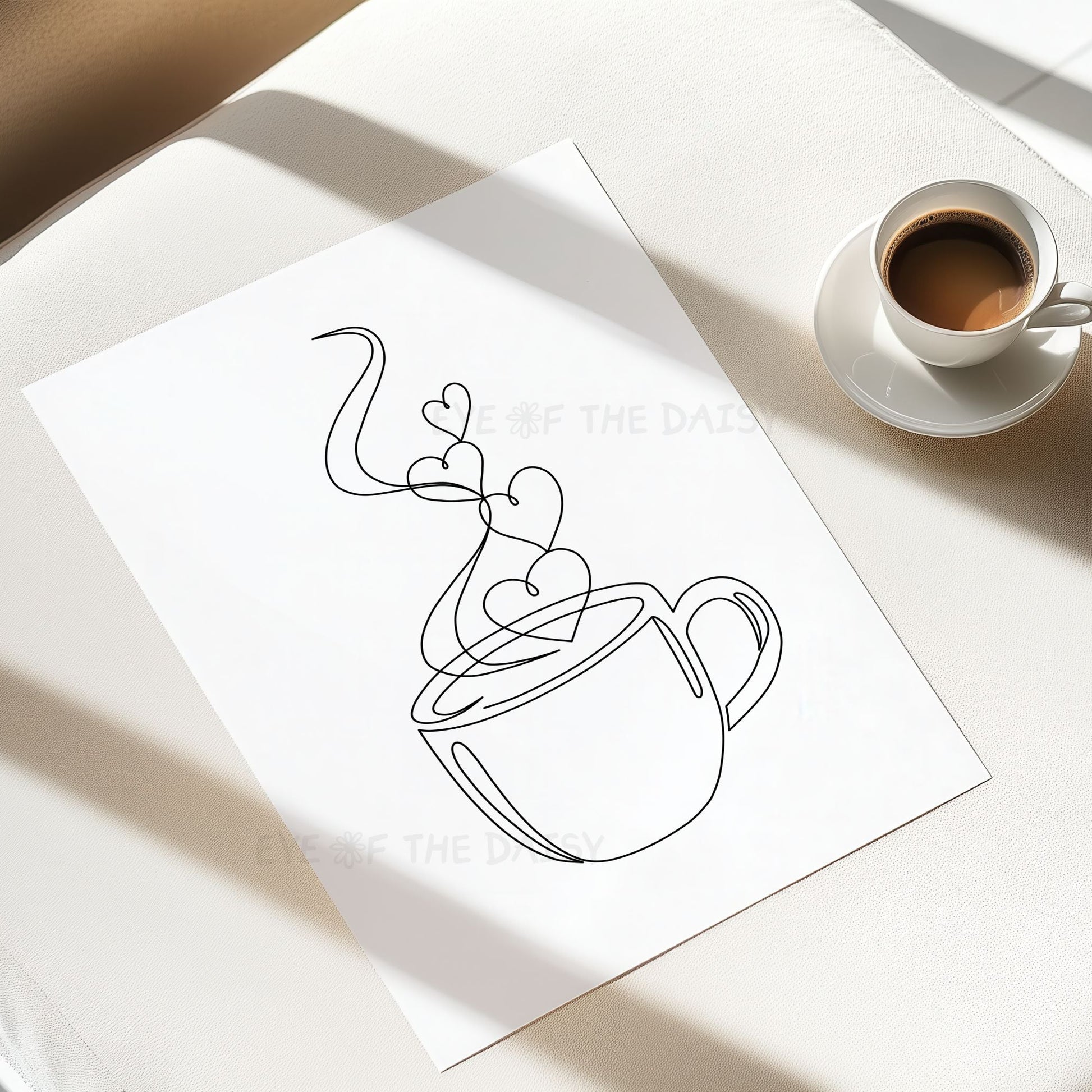 Coffee cup line art with heart-shaped steam – minimalist black and white coffee line drawing printable wall art for DIY kitchen decor