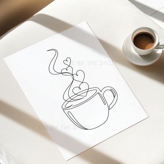 Coffee cup line art with heart-shaped steam – minimalist black and white coffee line drawing printable wall art for DIY kitchen decor