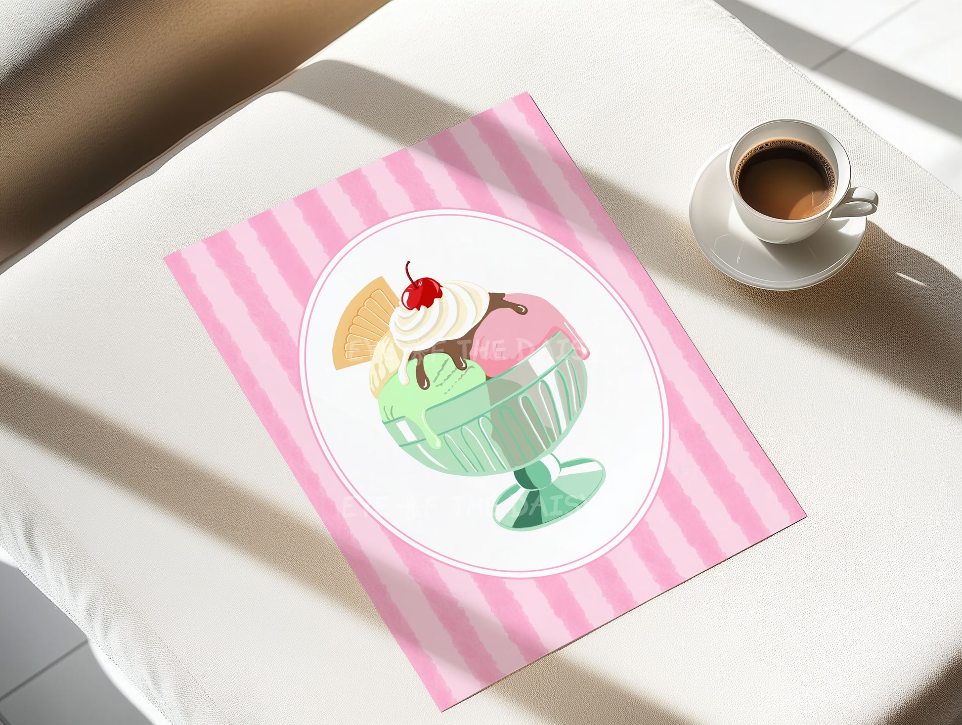 Trendy hand drawn Ice cream sundae poster in pastel colours, contemporary gelato printable wall art, great for cute kitchen decor