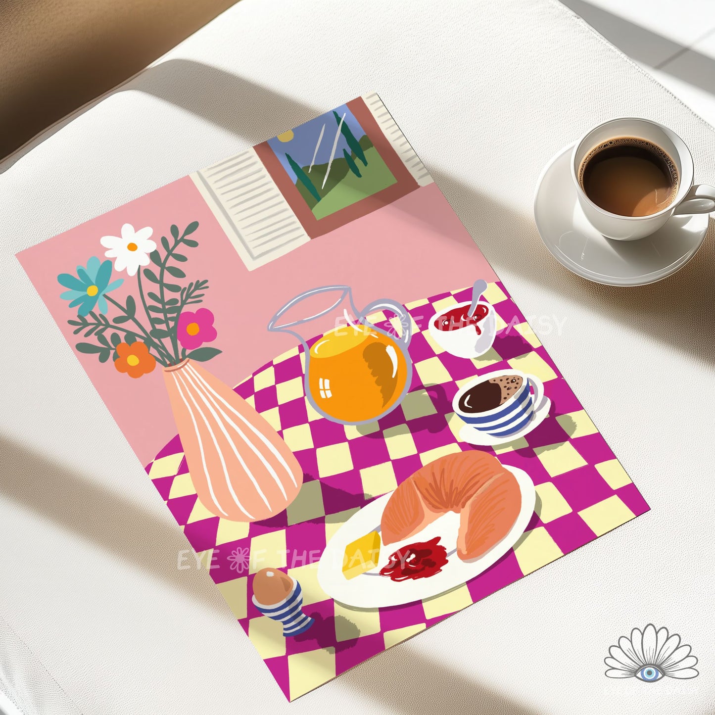 Breakfast Table Illustration Digital Print | Croissant Eggs Coffee Food Printable Wall Art