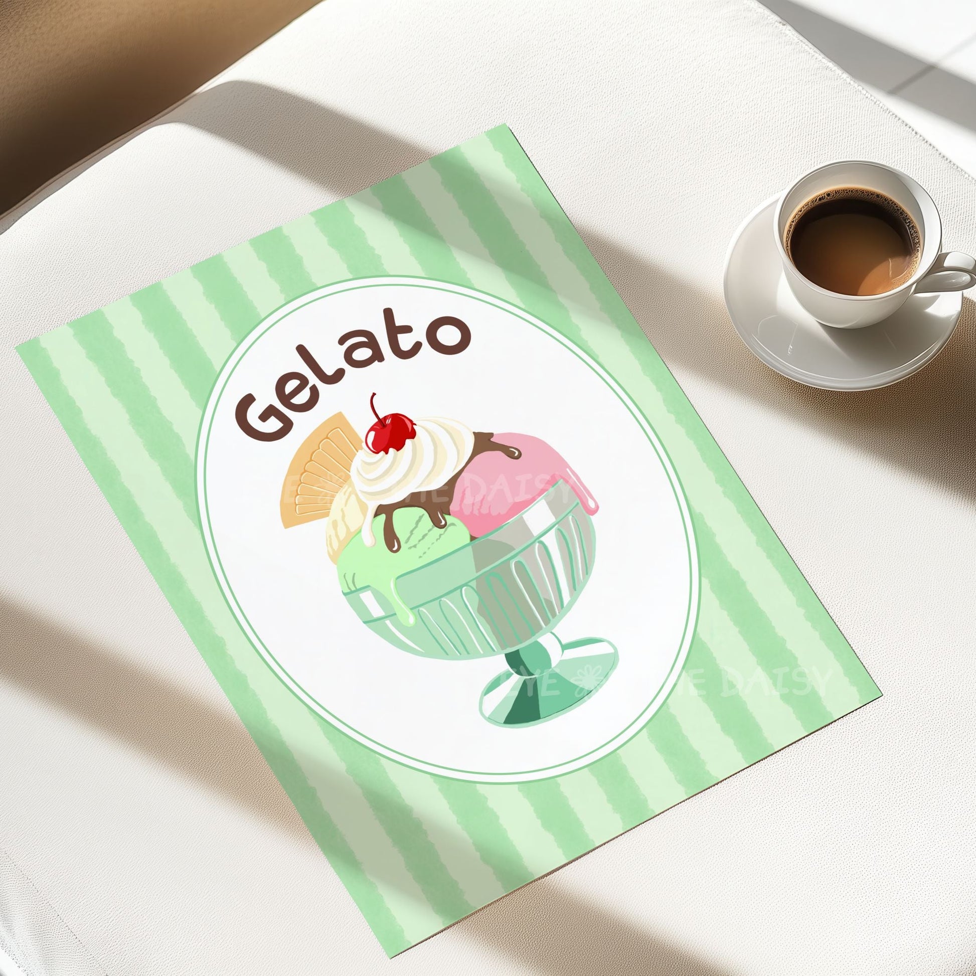 Pastel gelato printable art in with pastel green border – Italian food wall print, instant digital download