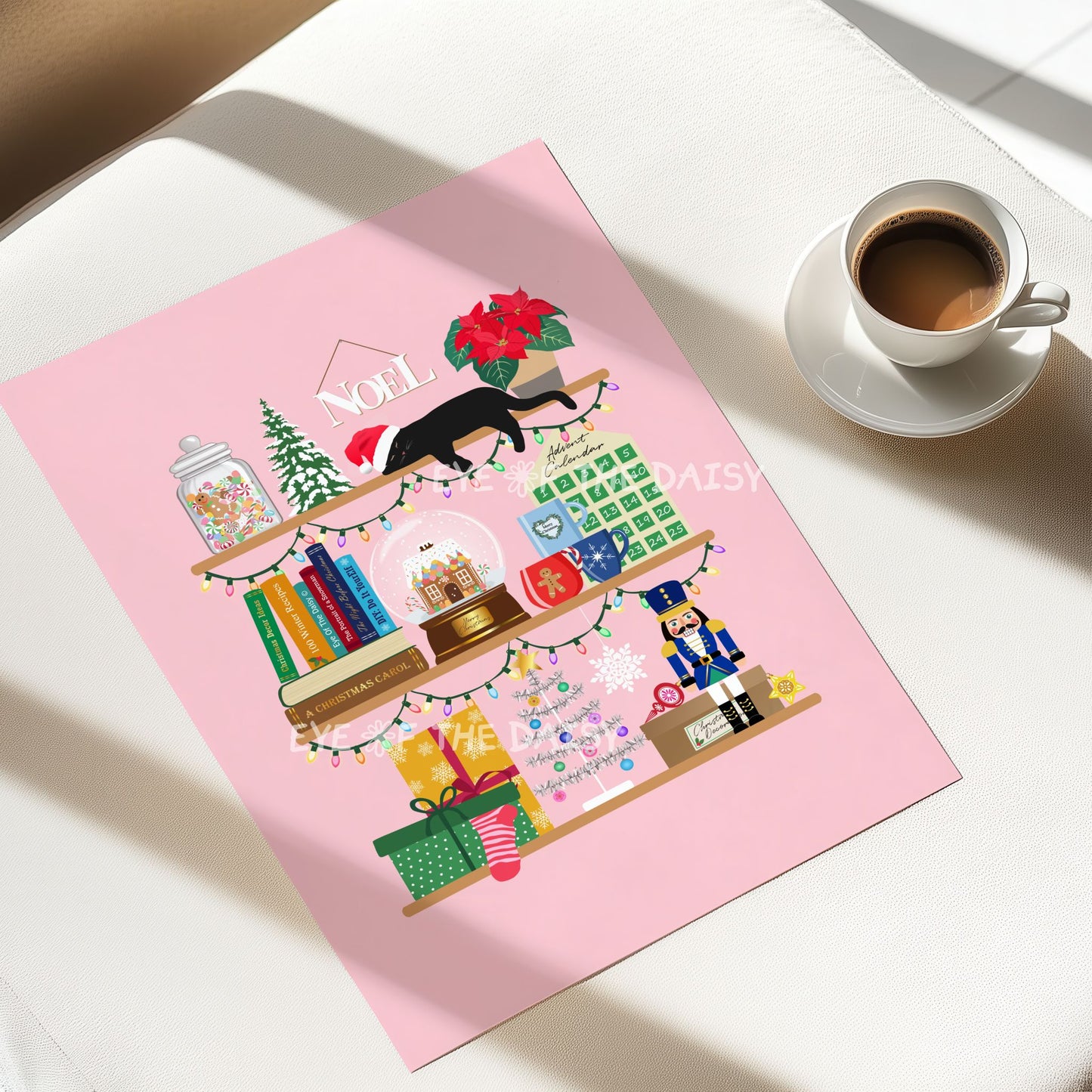 Pink Holiday Shelves Print Digital Download | Christmas Bookshelf Printable Wall Art