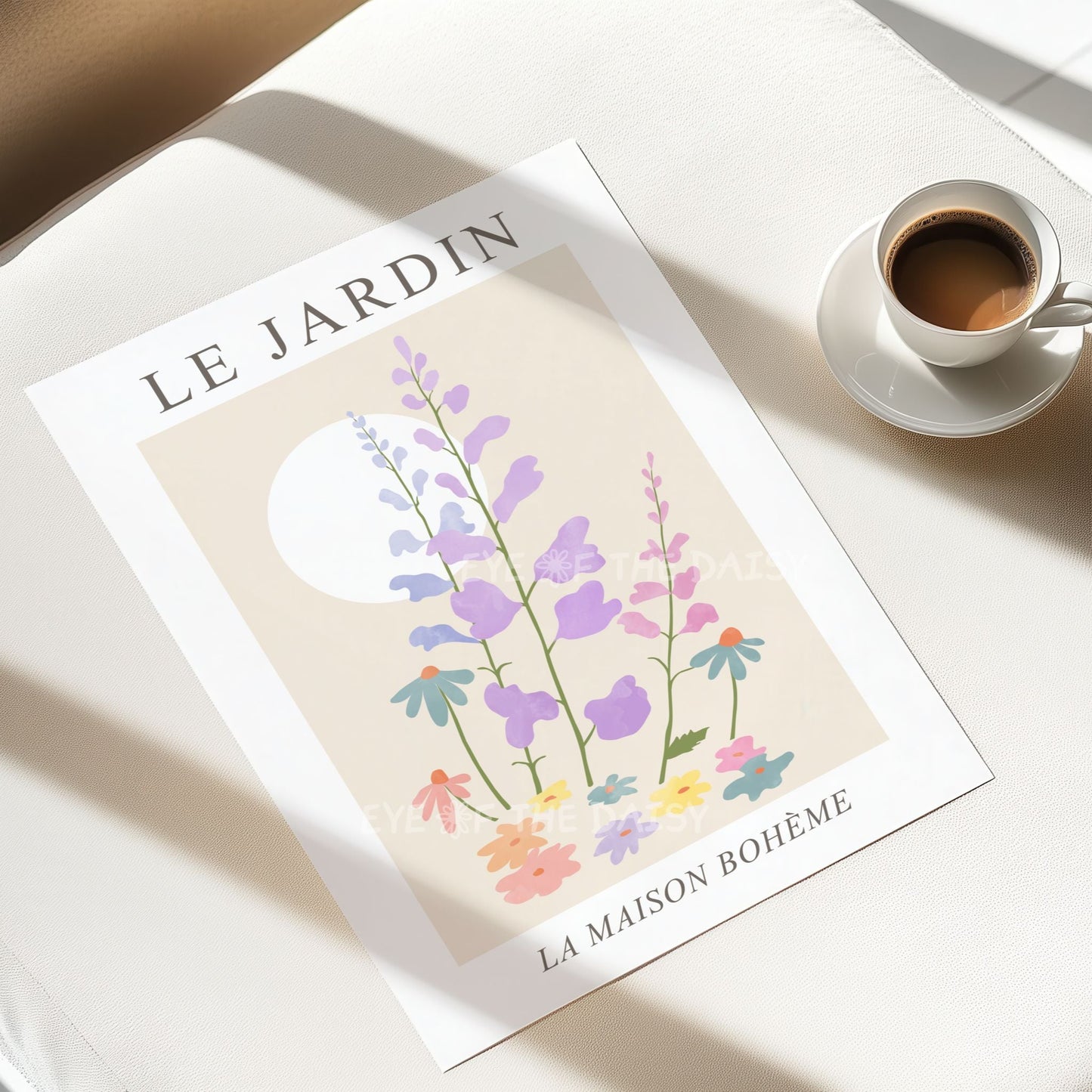 Floral exhibition-style wall art – pastel Le Jardin print in soft boho tones, perfect for a home office gallery wall or French country look