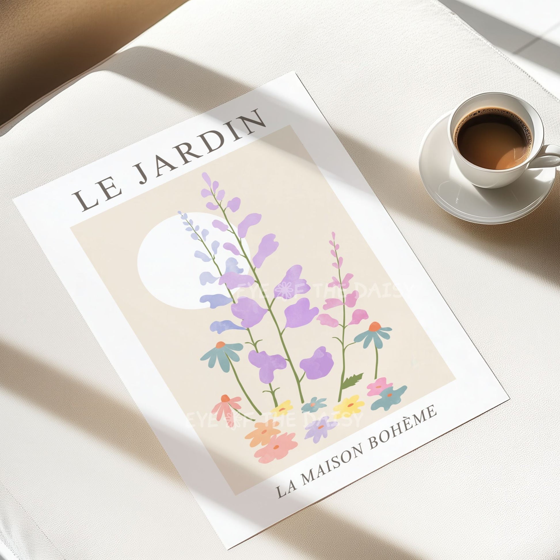 Floral exhibition-style wall art – pastel Le Jardin print in soft boho tones, perfect for a home office gallery wall or French country look