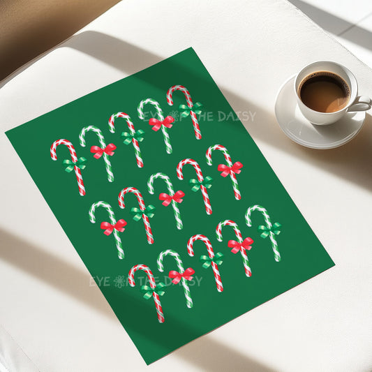 Red Green Watercolour Bows Candy Canes Print | Traditional Holiday Printable Wall Art