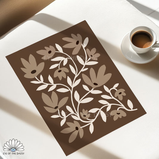 Neutral Abstract Flowers Printable Wall Art | Brown and Beige Botanical Print Digital Download
