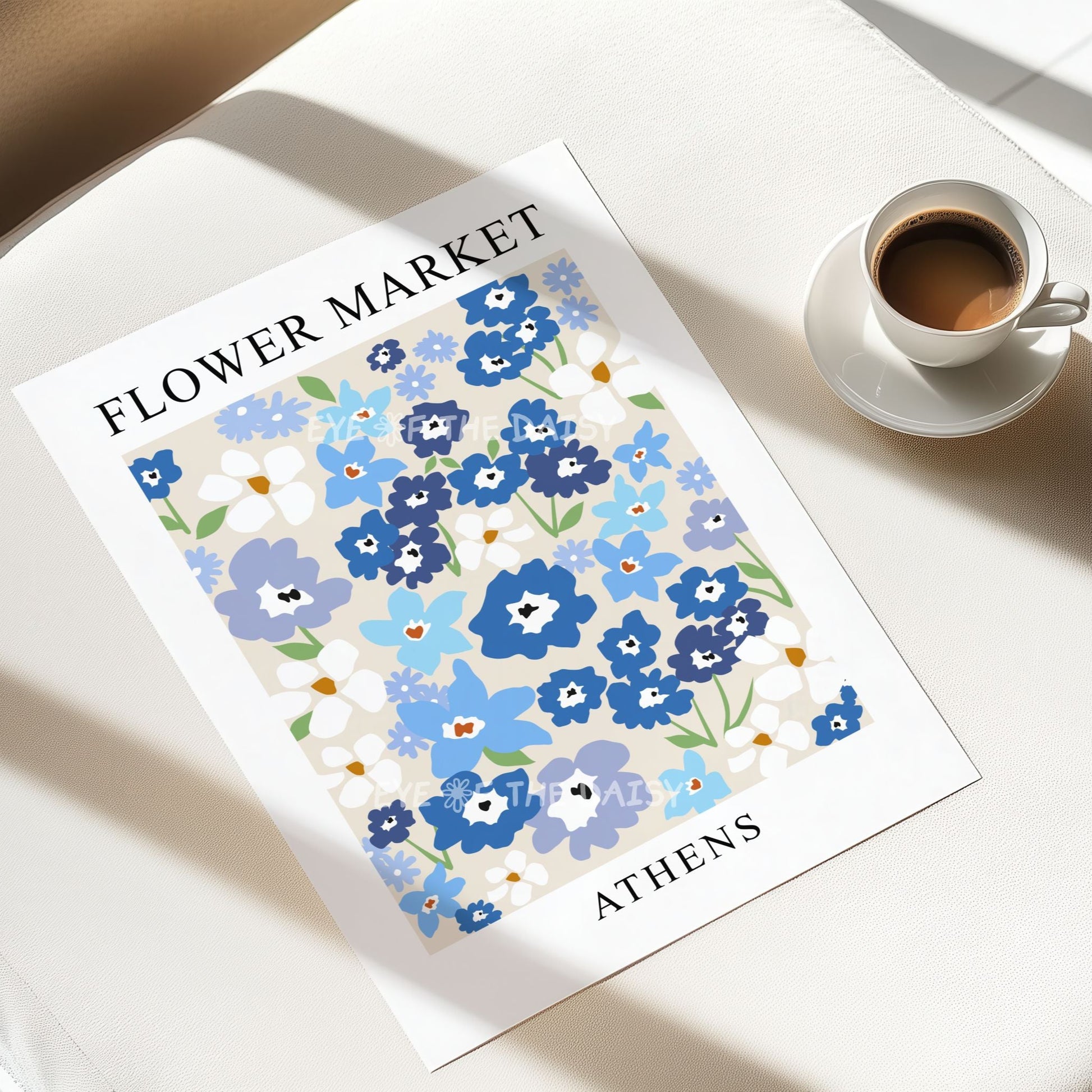 Modern flower market poster printable — blue abstract floral art print digital download, ideal Scandinavian dining room wall decor