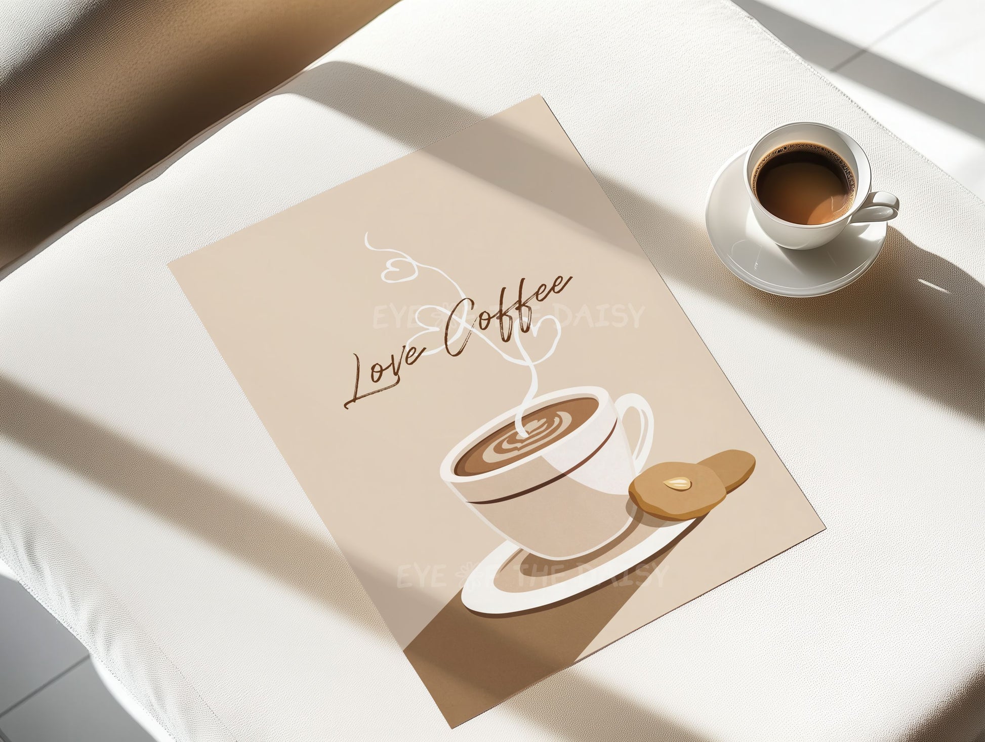 Modern coffee art print with coffee cup illustration, heart shaped steam and the phrase "Love Coffee", coffee bar printable