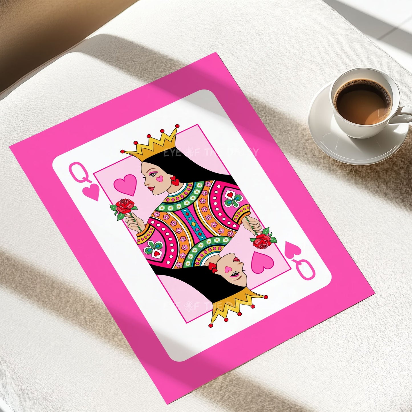 Queen of Hearts printable wall art – funky hot pink card design, digital poster for bedroom, apartment, or gallery wall