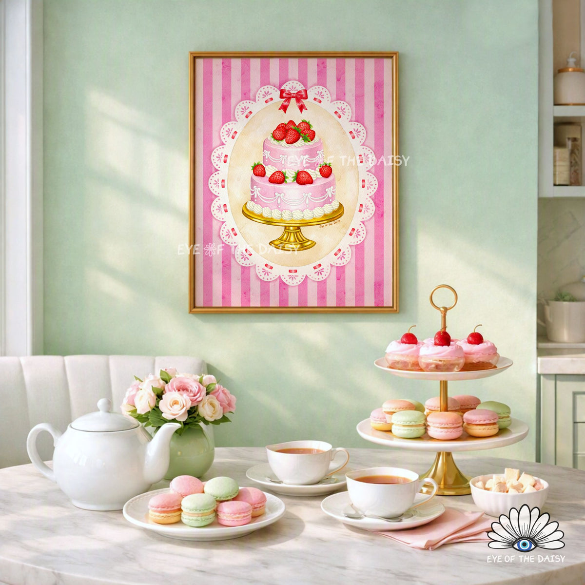 Strawberry cake printable wall art with a pink striped background for retro kitchen wall decor