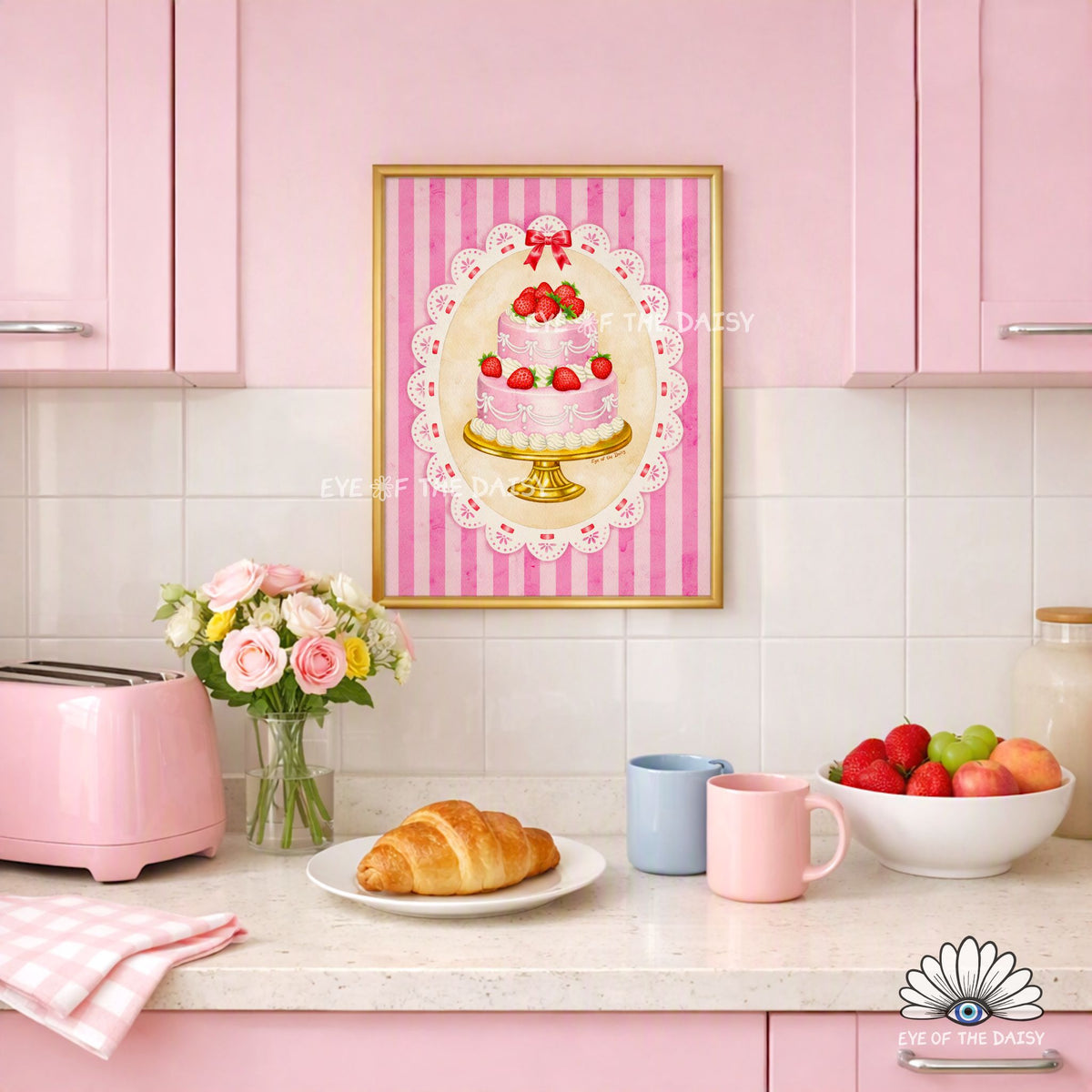 Pink kitchen wall decor showcasing a cute, feminine kitchen poster