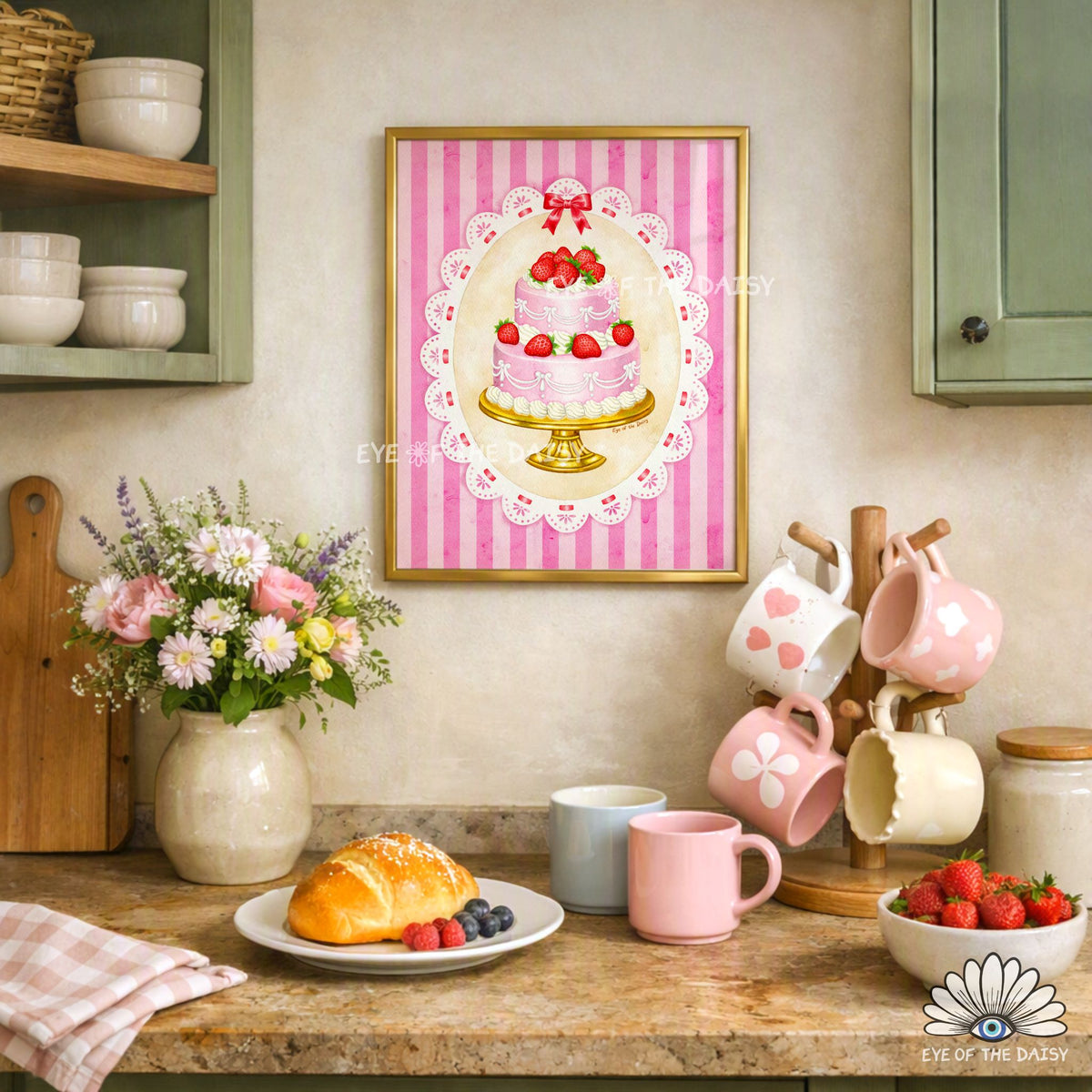 Cottagecore kitchen print featuring a cute pink strawberry cake illustration for vintage kitchen wall decor