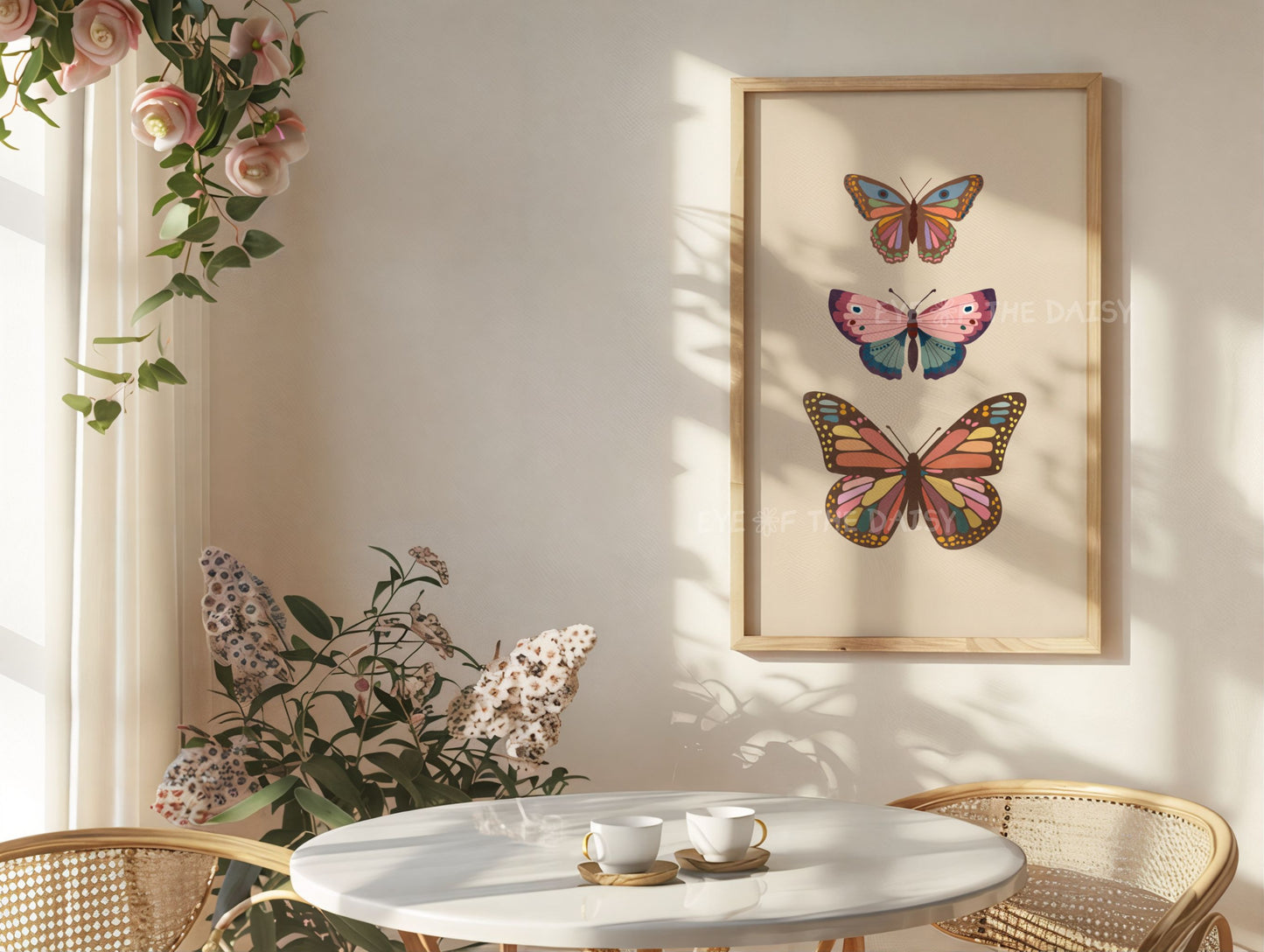 Boho butterfly print – vintage digital wall art with beige and pink tones, printable decor for farmhouse or rustic kitchen