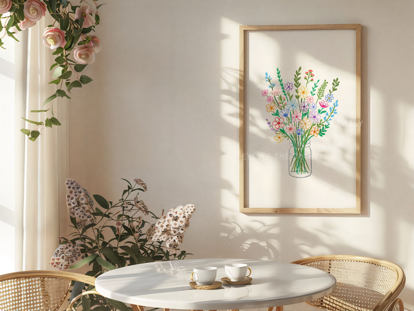Bouquet in Vase printable art, colorful floral wall décor for vacation rentals, instant digital download with vintage vibe