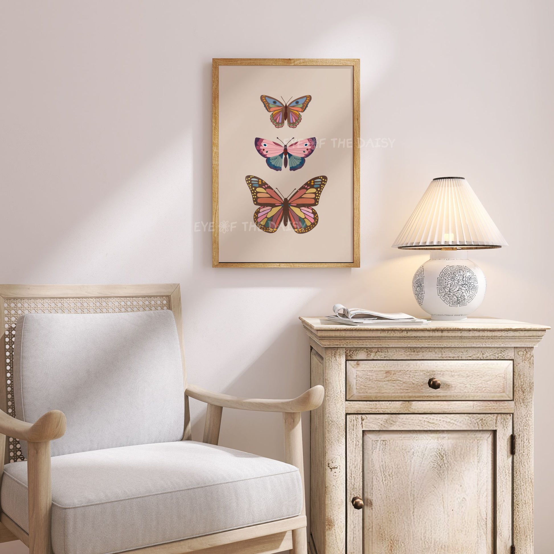 Boho butterfly wall print – printable vintage art with soft neutral colours, perfect for cosy shabby chic or cottage corner decor